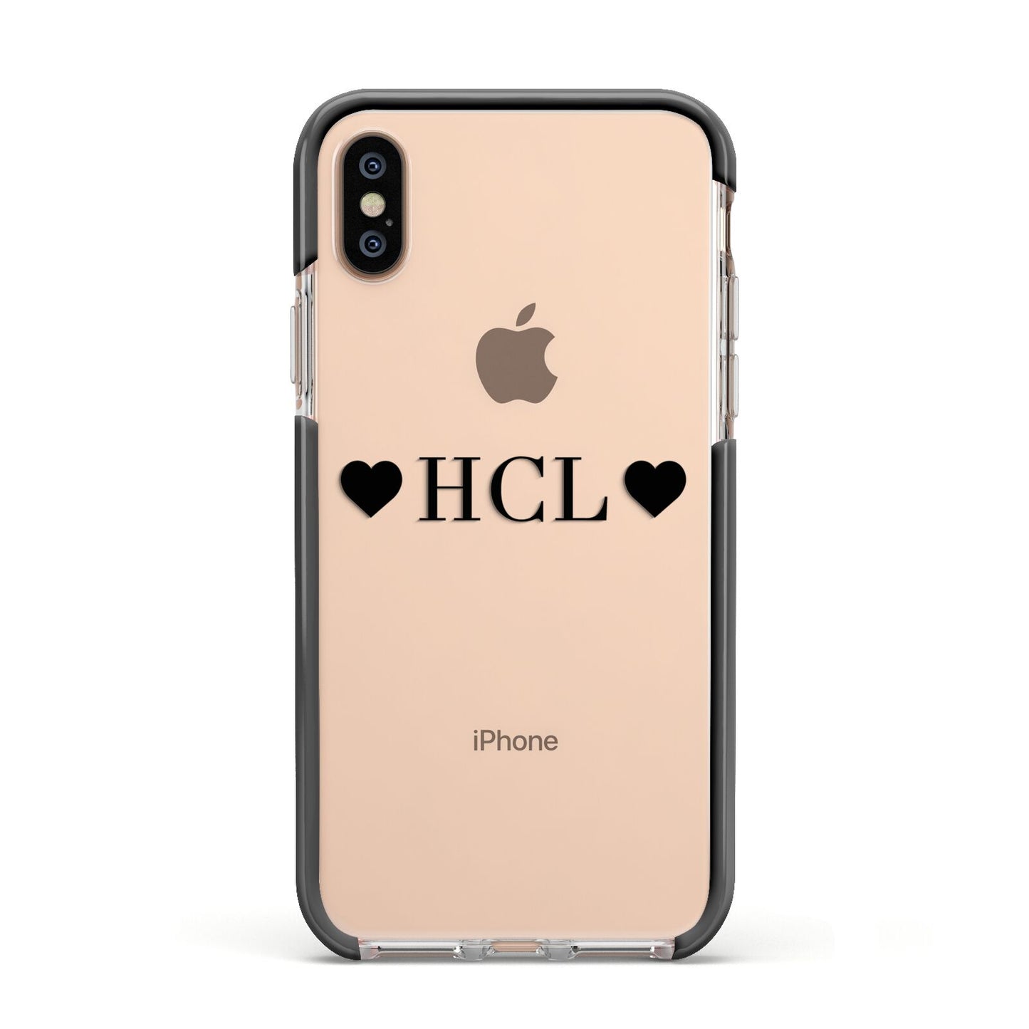 Personalised Black Initials 2 Hearts Clear Apple iPhone Xs Impact Case Black Edge on Gold Phone