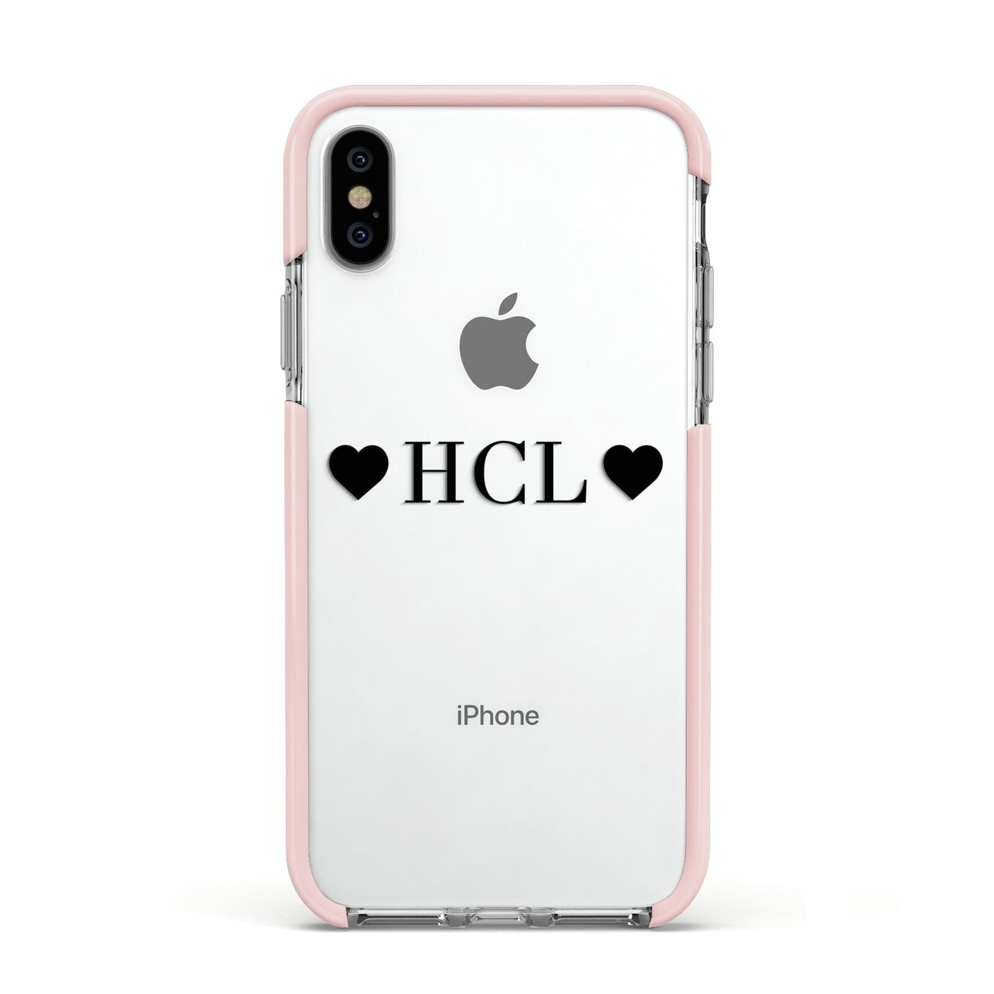 Personalised Black Initials 2 Hearts Clear Apple iPhone Xs Impact Case Pink Edge on Silver Phone