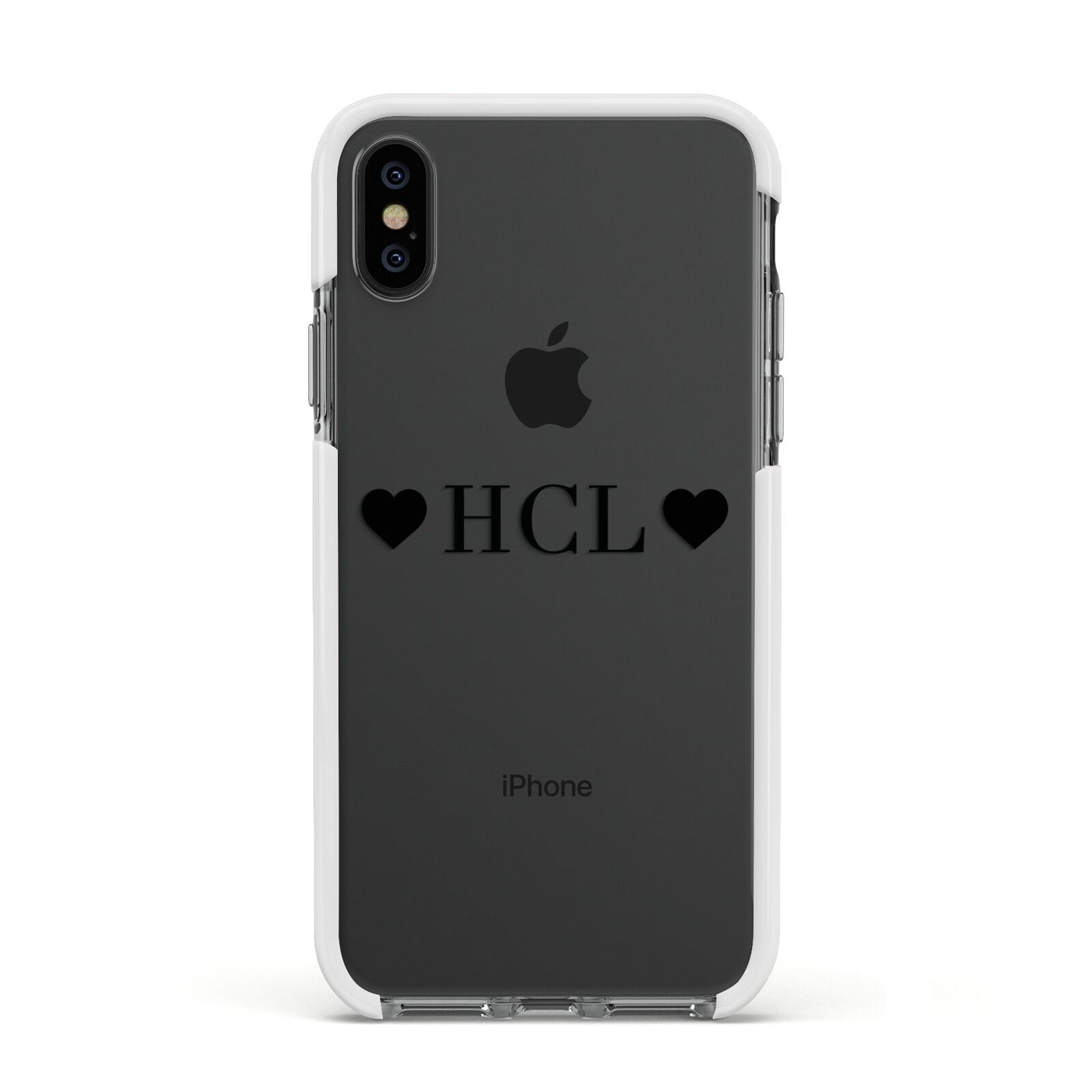 Personalised Black Initials 2 Hearts Clear Apple iPhone Xs Impact Case White Edge on Black Phone