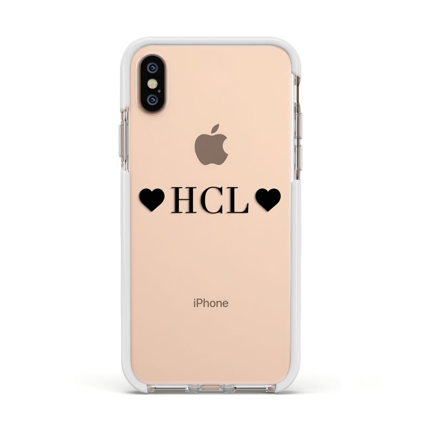 Personalised Black Initials 2 Hearts Clear Apple iPhone Xs Impact Case White Edge on Gold Phone