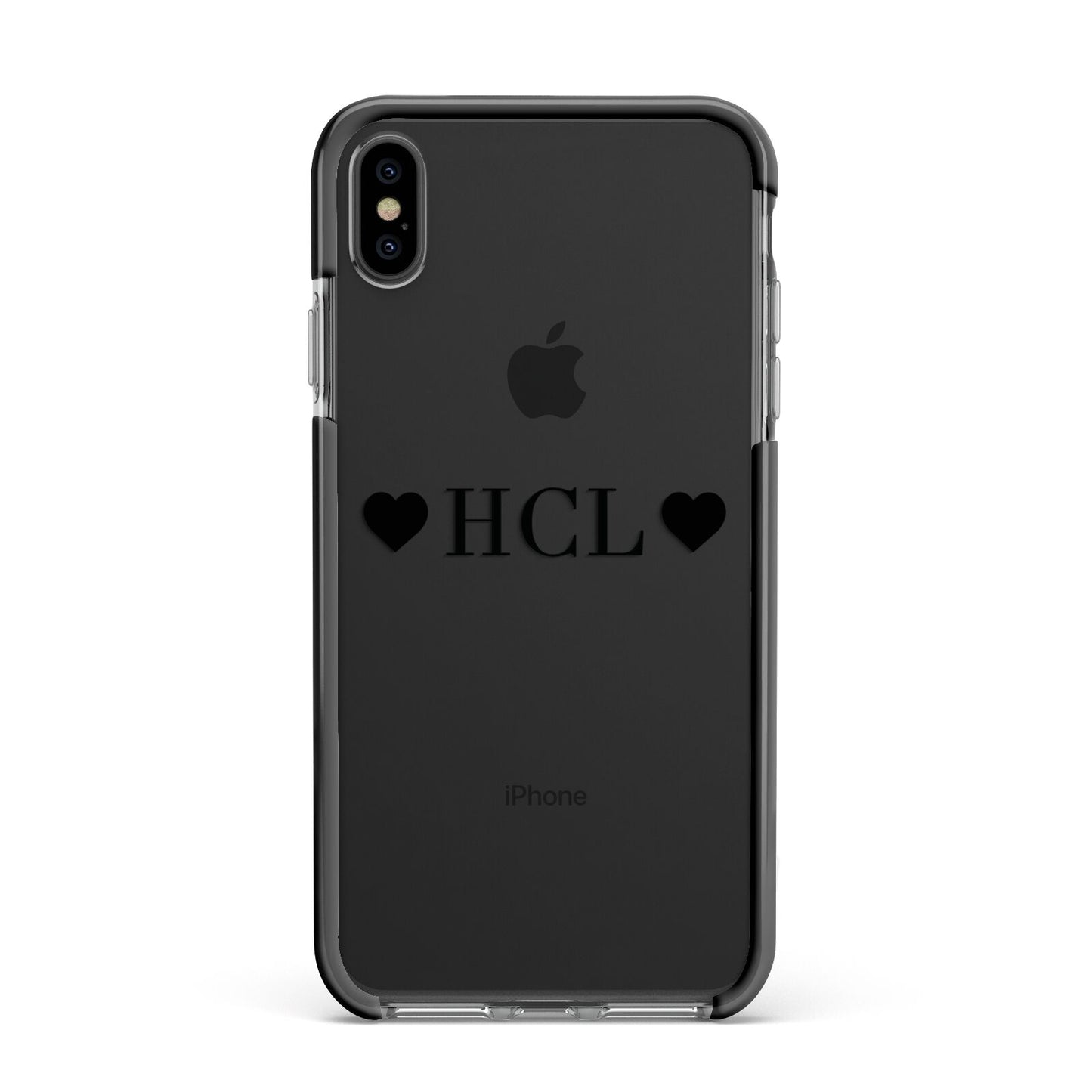 Personalised Black Initials 2 Hearts Clear Apple iPhone Xs Max Impact Case Black Edge on Black Phone