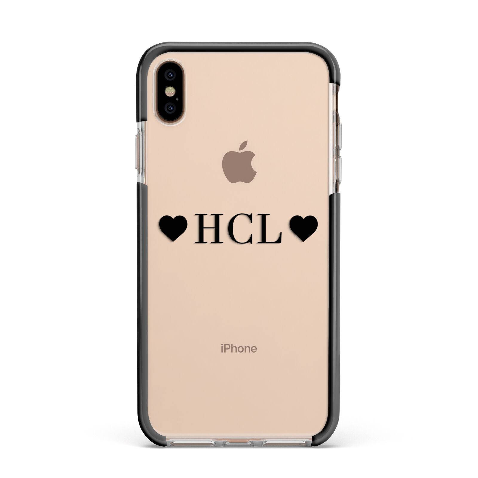 Personalised Black Initials 2 Hearts Clear Apple iPhone Xs Max Impact Case Black Edge on Gold Phone