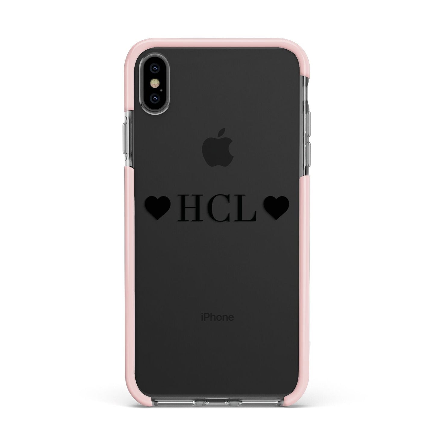 Personalised Black Initials 2 Hearts Clear Apple iPhone Xs Max Impact Case Pink Edge on Black Phone