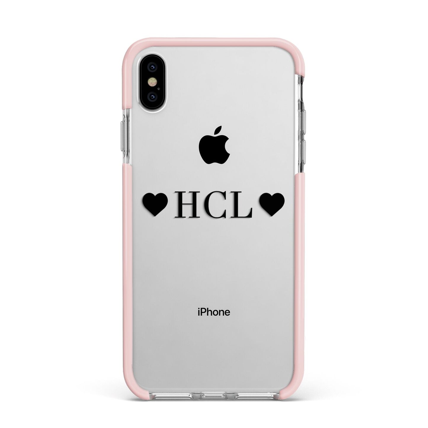 Personalised Black Initials 2 Hearts Clear Apple iPhone Xs Max Impact Case Pink Edge on Silver Phone