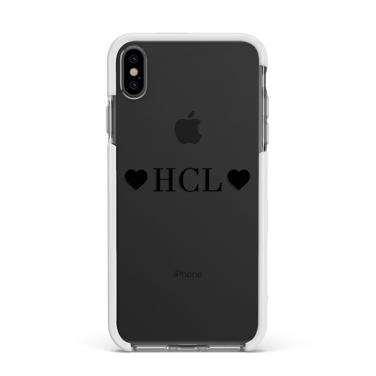 Personalised Black Initials 2 Hearts Clear Apple iPhone Xs Max Impact Case White Edge on Black Phone