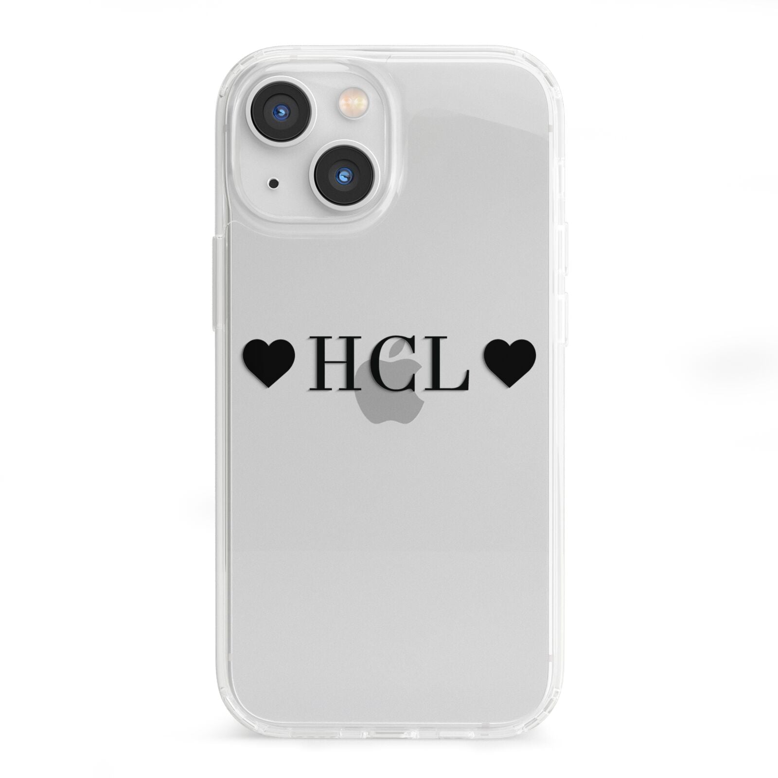 Personalised Black Initials 2 Hearts Clear iPhone 13 Mini Clear Bumper Case