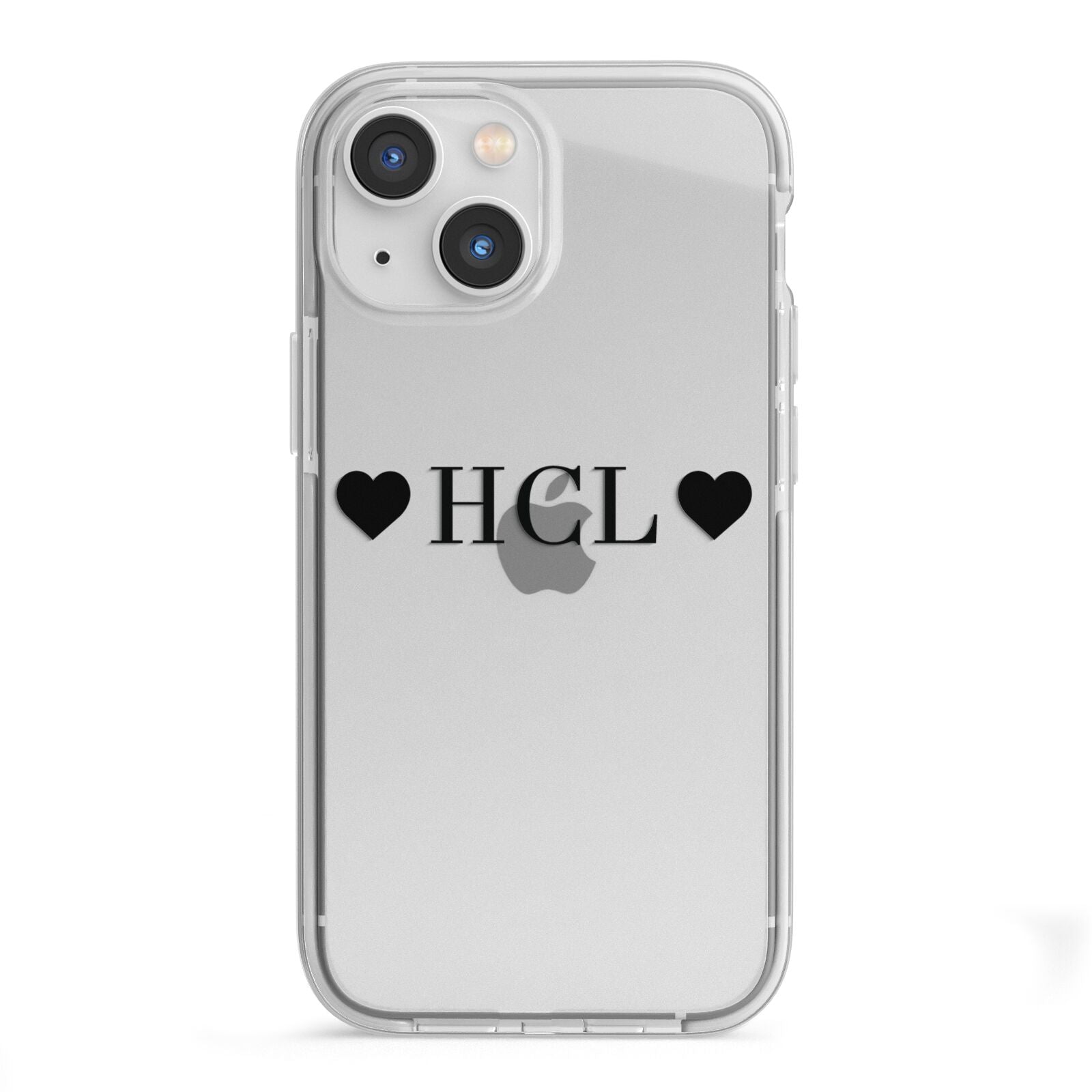 Personalised Black Initials 2 Hearts Clear iPhone 13 Mini TPU Impact Case with White Edges