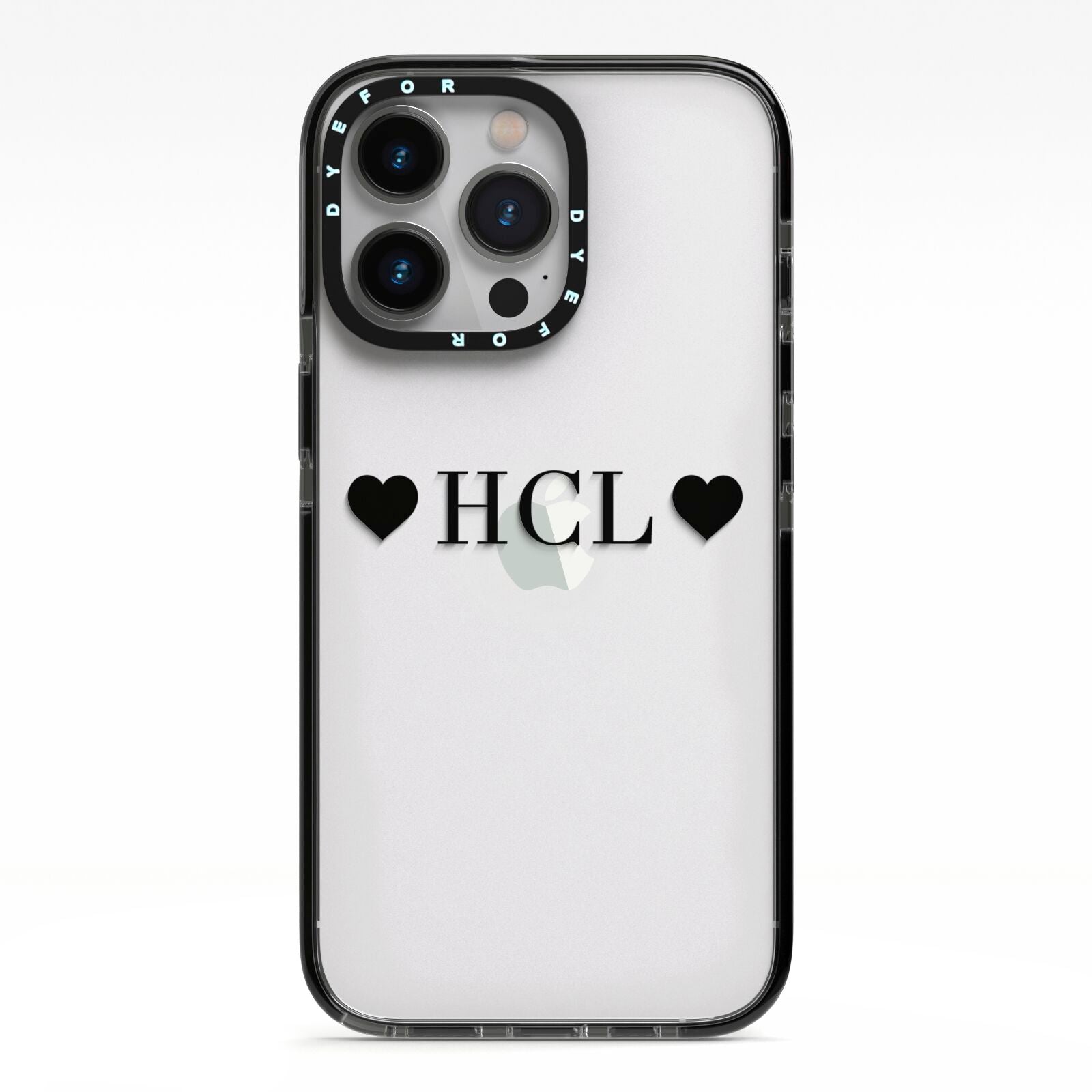 Personalised Black Initials 2 Hearts Clear iPhone 13 Pro Black Impact Case on Silver phone