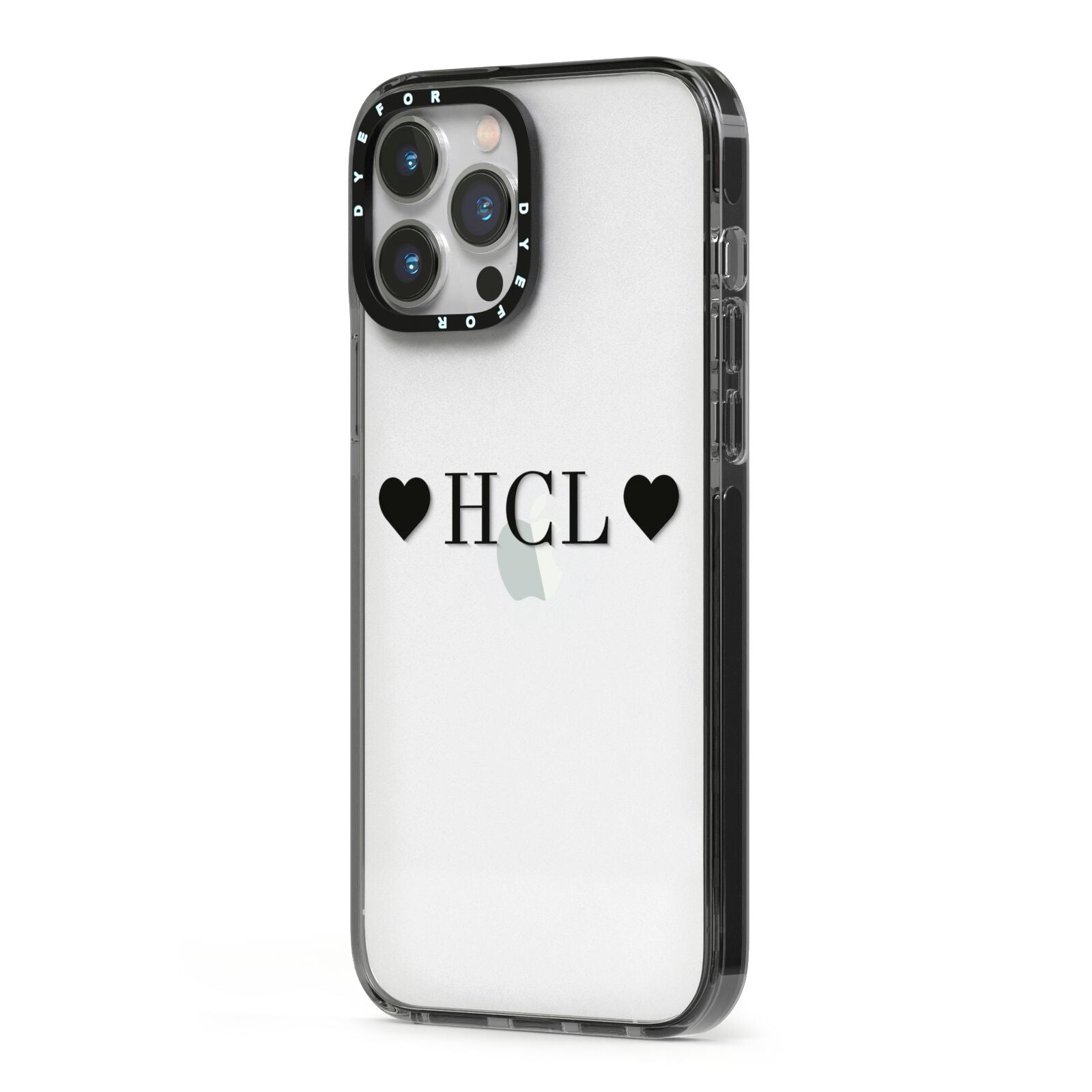 Personalised Black Initials 2 Hearts Clear iPhone 13 Pro Max Black Impact Case Side Angle on Silver phone