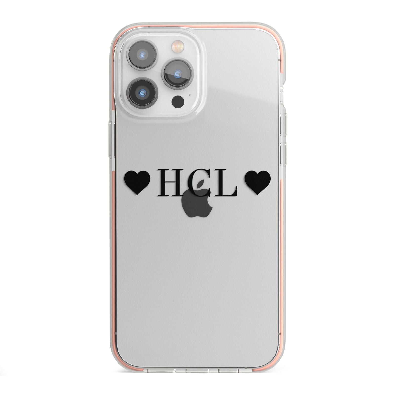 Personalised Black Initials 2 Hearts Clear iPhone 13 Pro Max TPU Impact Case with Pink Edges