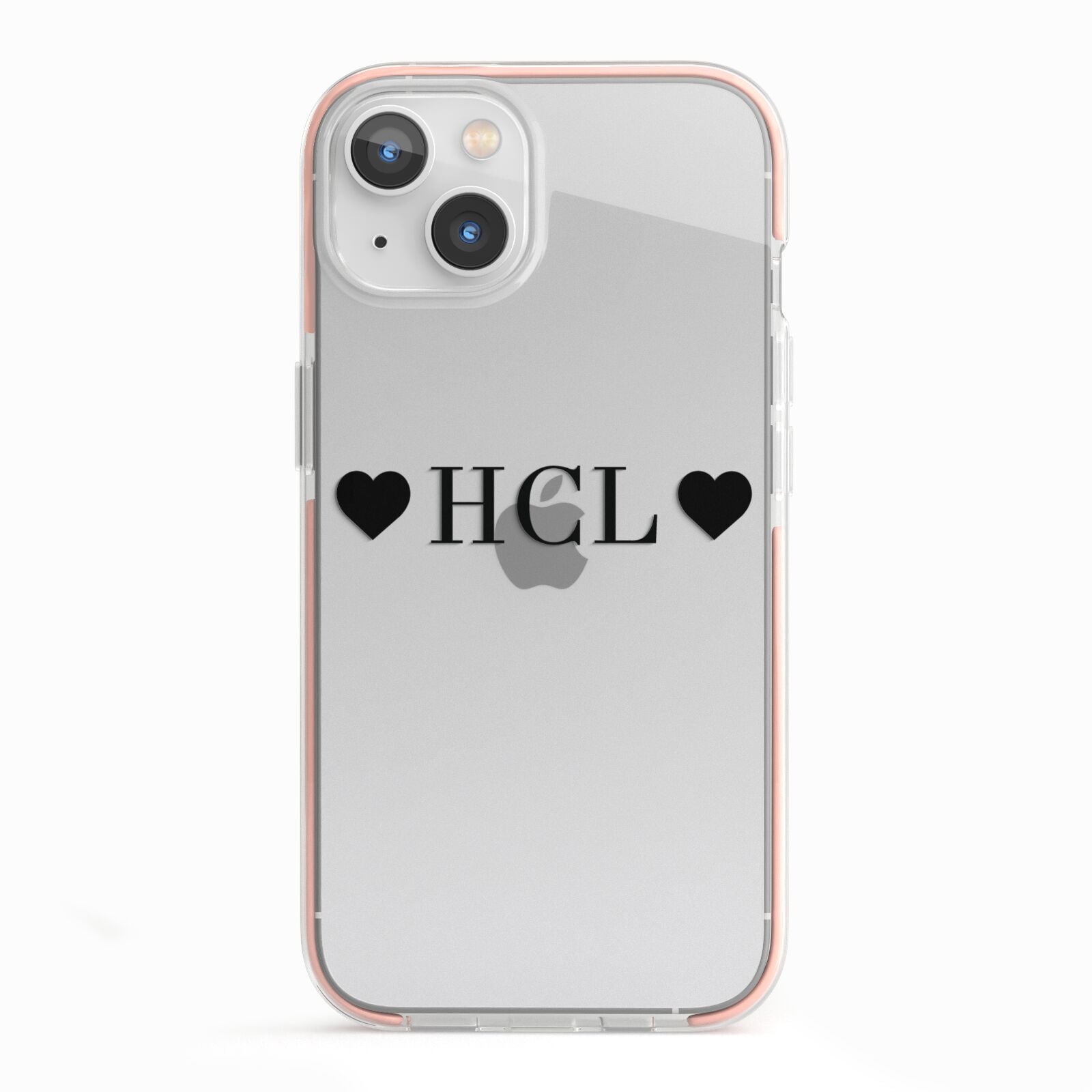 Personalised Black Initials 2 Hearts Clear iPhone 13 TPU Impact Case with Pink Edges