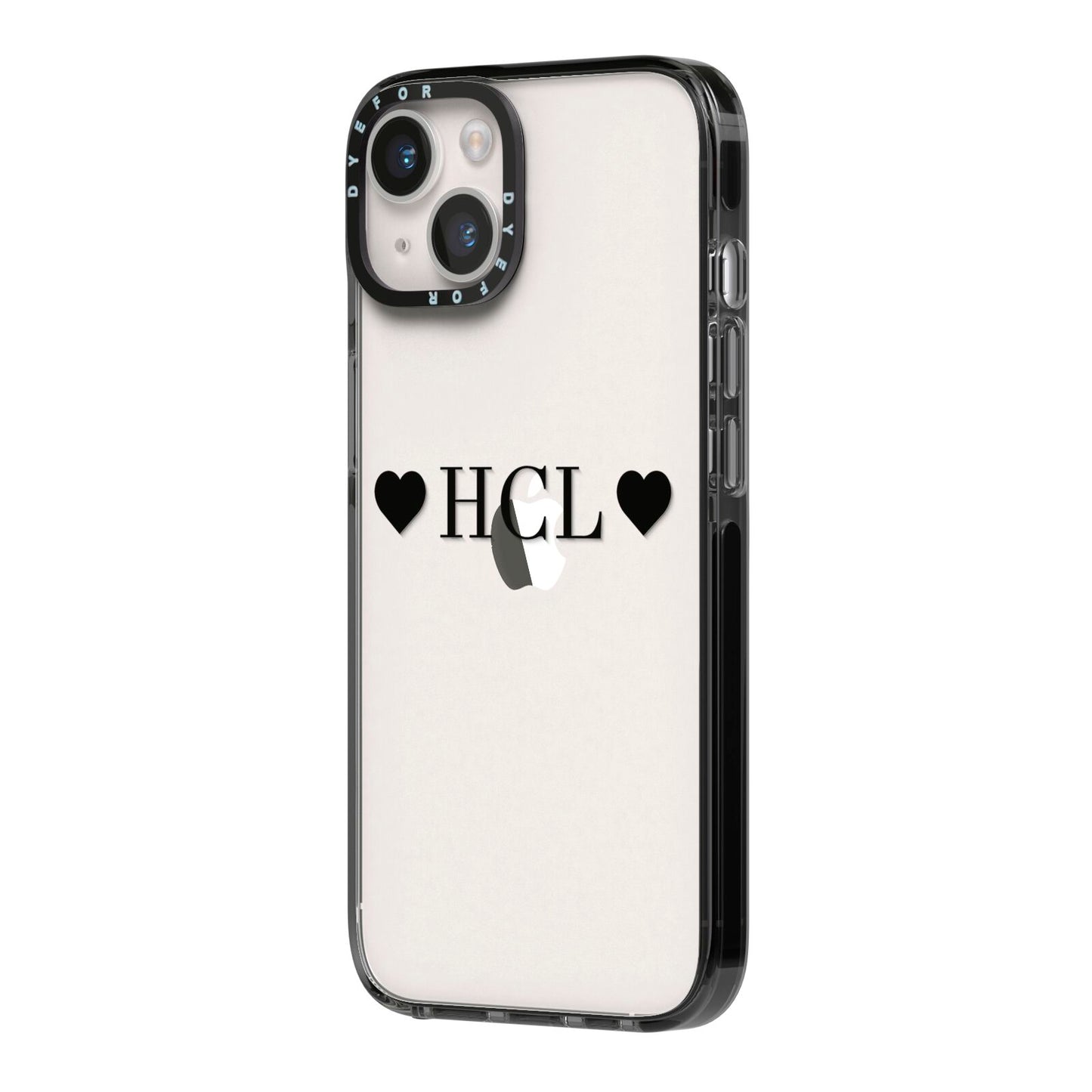 Personalised Black Initials 2 Hearts Clear iPhone 14 Black Impact Case Side Angle on Silver phone