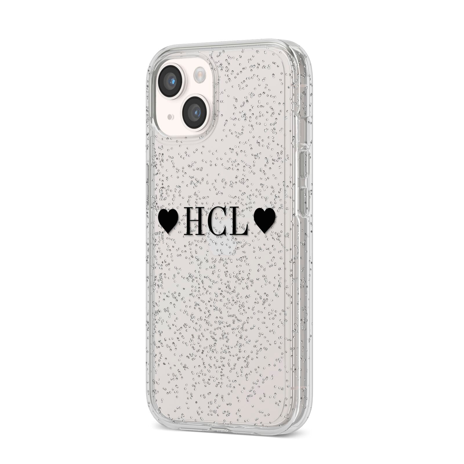 Personalised Black Initials 2 Hearts Clear iPhone 14 Glitter Tough Case Starlight Angled Image