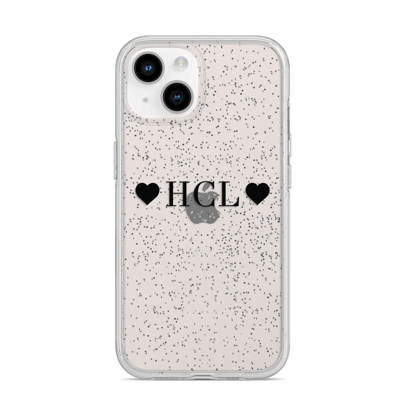 Personalised Black Initials 2 Hearts Clear iPhone 14 Glitter Tough Case Starlight