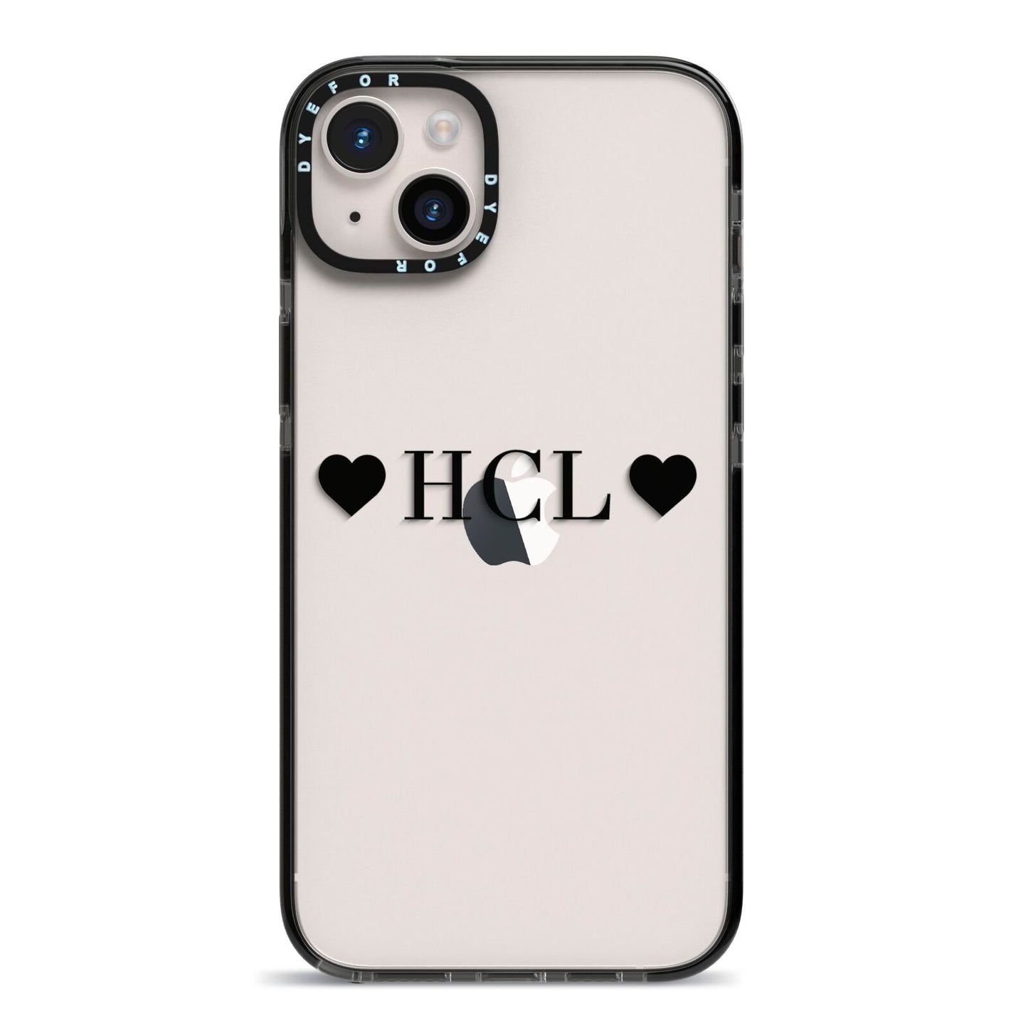 Personalised Black Initials 2 Hearts Clear iPhone 14 Plus Black Impact Case on Silver phone