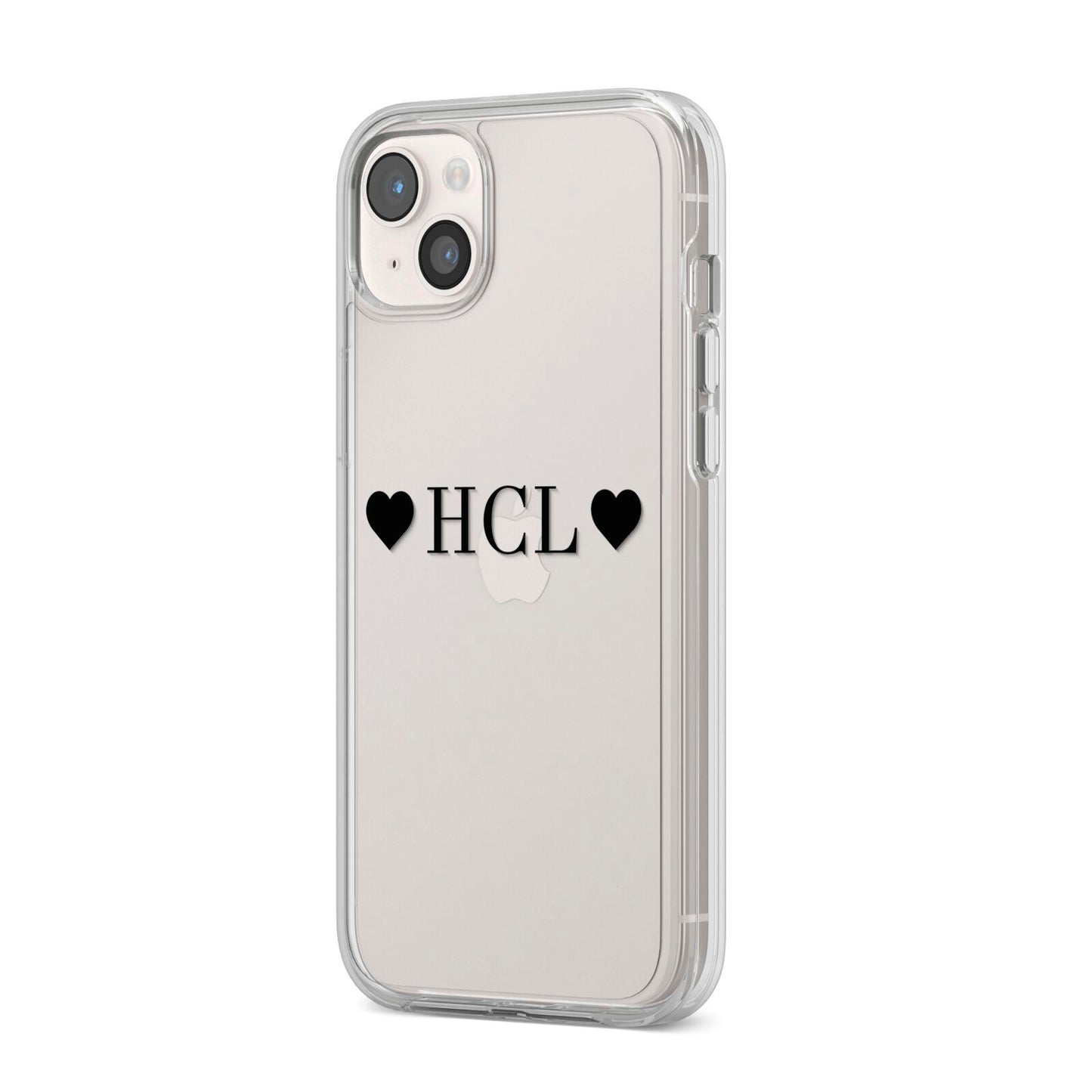 Personalised Black Initials 2 Hearts Clear iPhone 14 Plus Clear Tough Case Starlight Angled Image