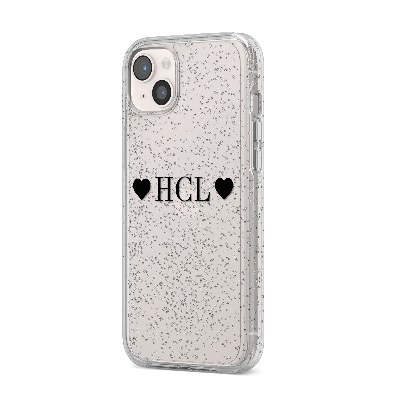 Personalised Black Initials 2 Hearts Clear iPhone 14 Plus Glitter Tough Case Starlight Angled Image