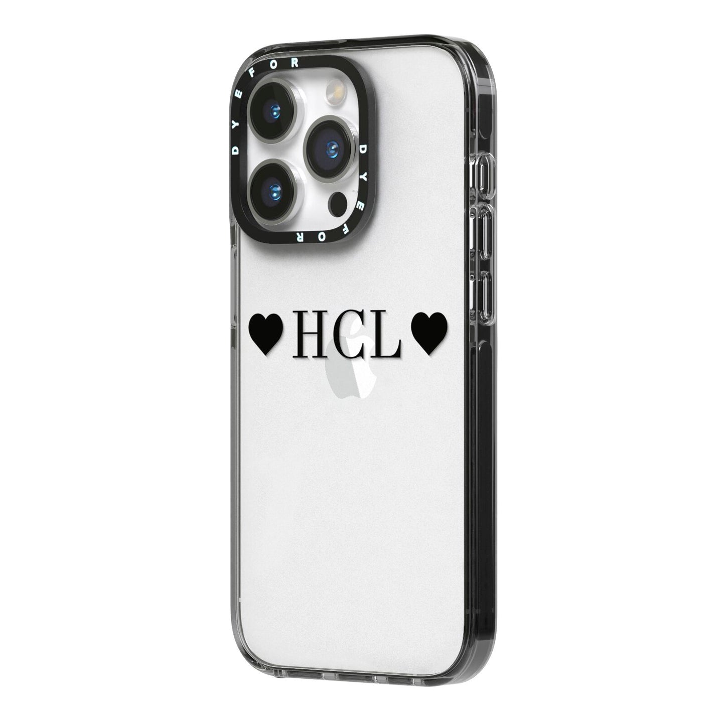 Personalised Black Initials 2 Hearts Clear iPhone 14 Pro Black Impact Case Side Angle on Silver phone