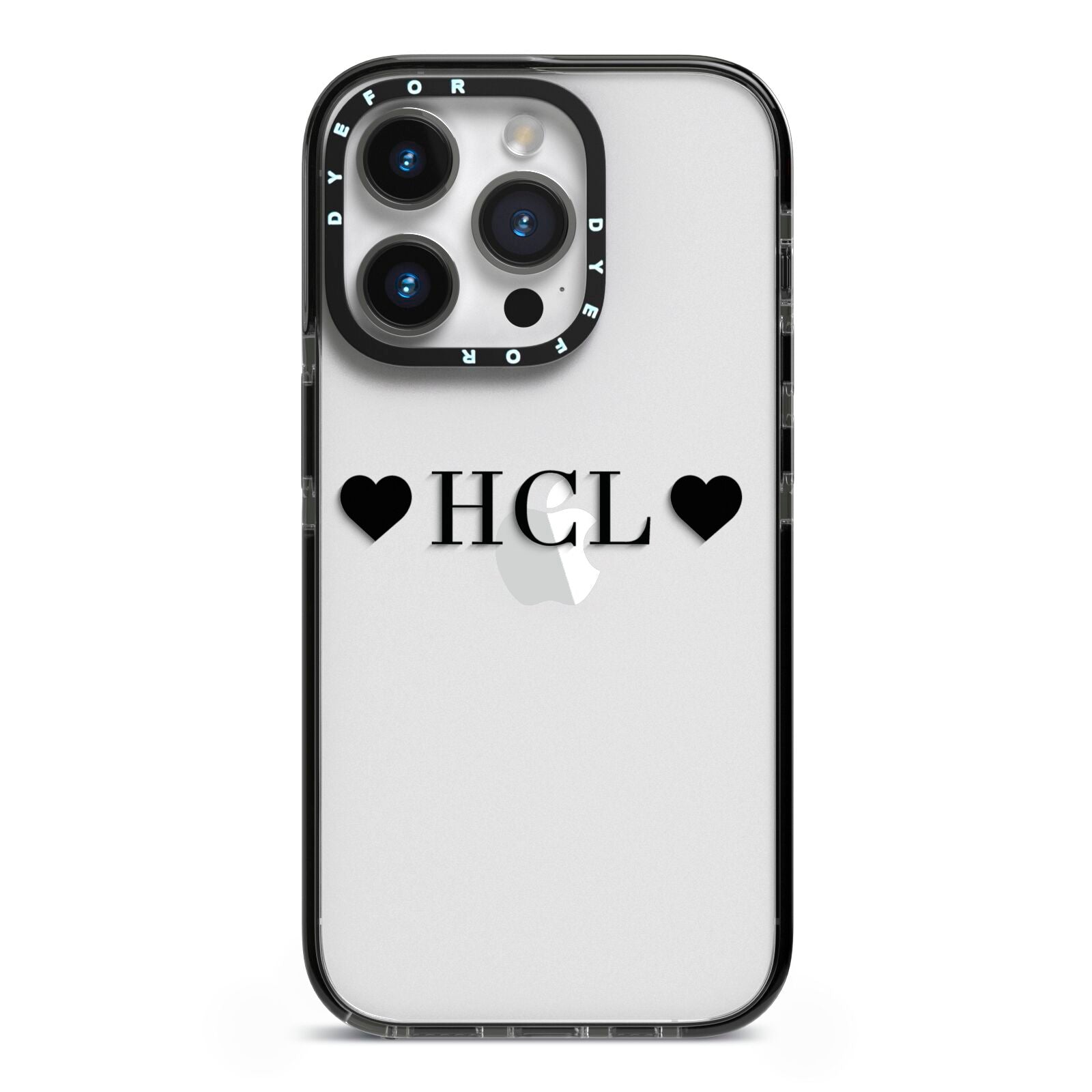 Personalised Black Initials 2 Hearts Clear iPhone 14 Pro Black Impact Case on Silver phone