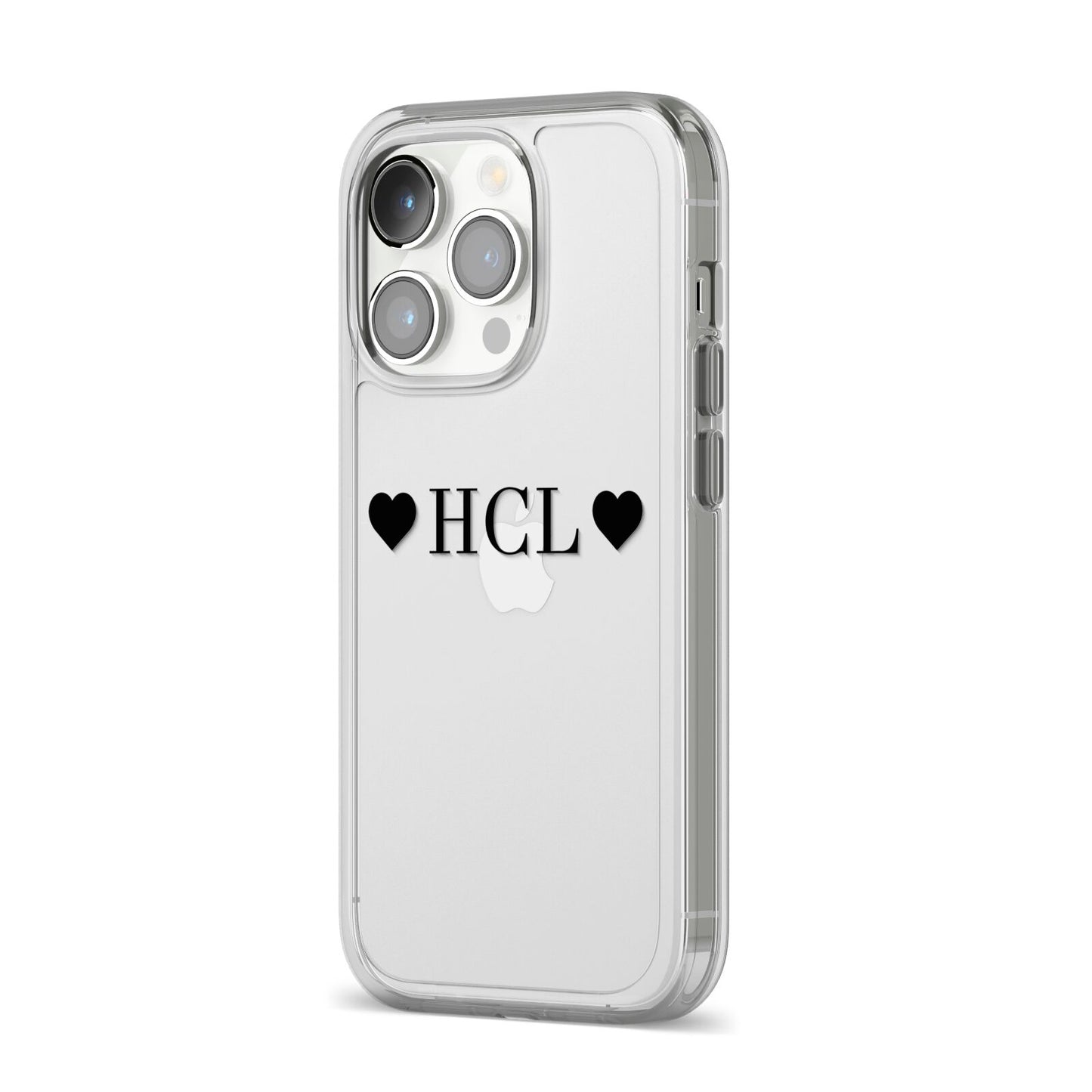 Personalised Black Initials 2 Hearts Clear iPhone 14 Pro Clear Tough Case Silver Angled Image