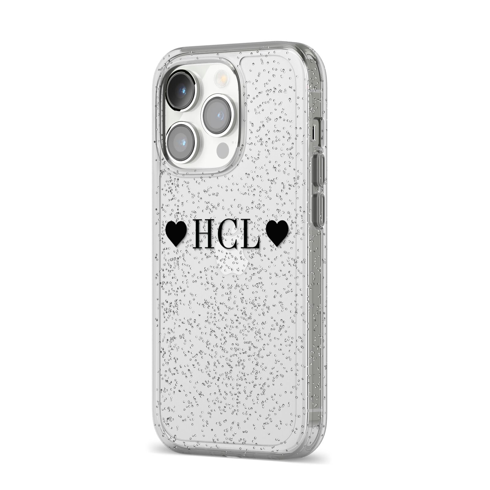 Personalised Black Initials 2 Hearts Clear iPhone 14 Pro Glitter Tough Case Silver Angled Image