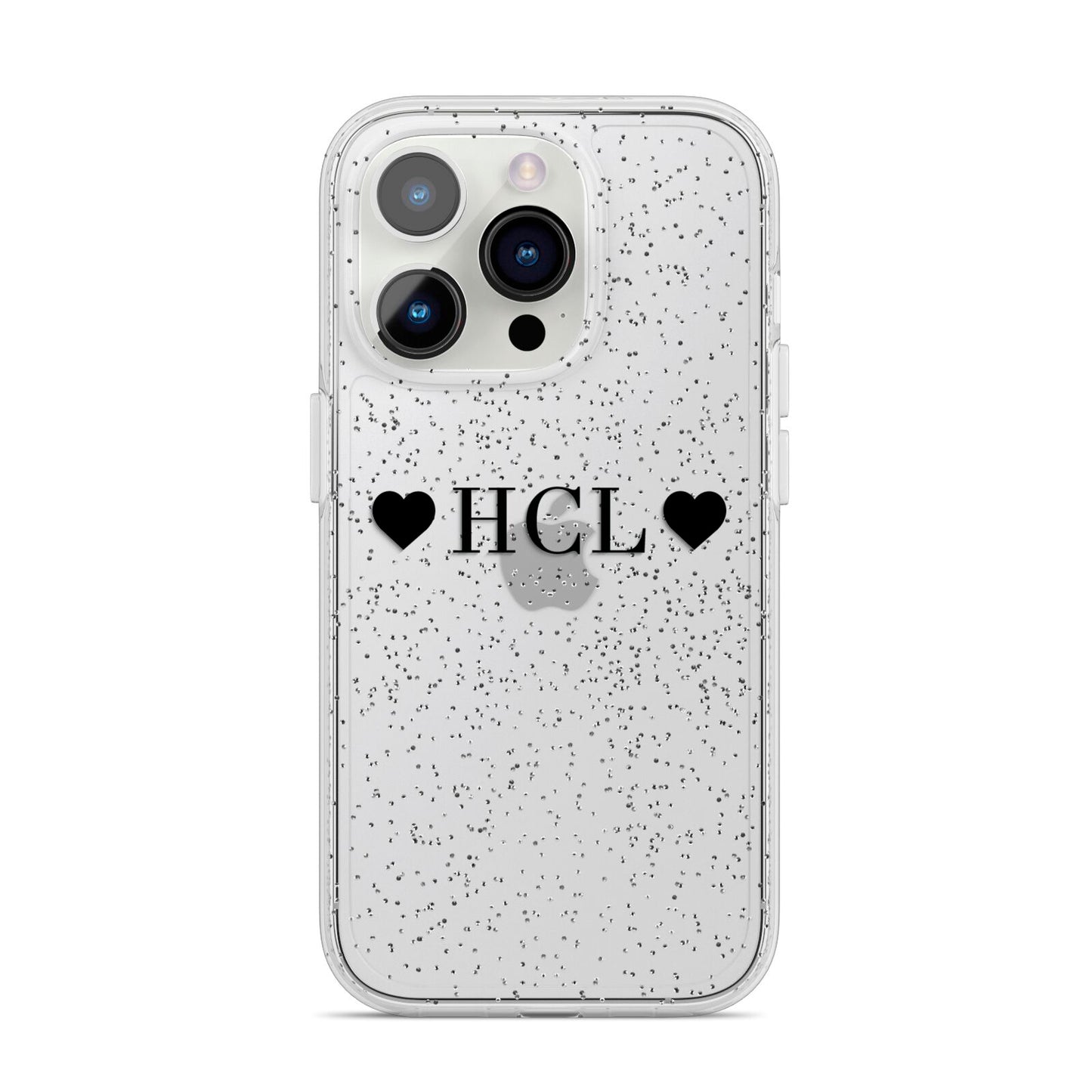 Personalised Black Initials 2 Hearts Clear iPhone 14 Pro Glitter Tough Case Silver