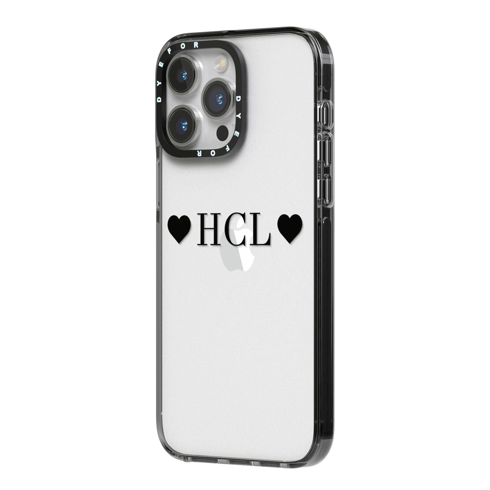 Personalised Black Initials 2 Hearts Clear iPhone 14 Pro Max Black Impact Case Side Angle on Silver phone