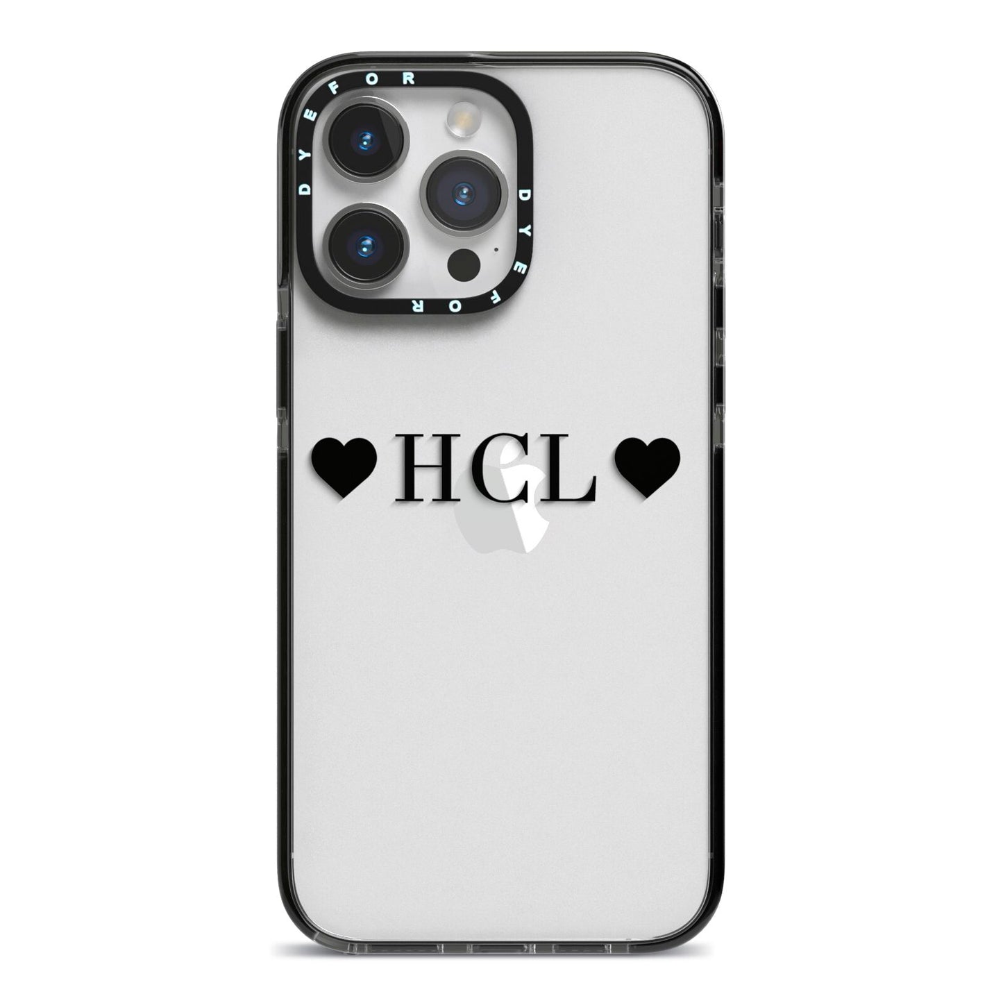 Personalised Black Initials 2 Hearts Clear iPhone 14 Pro Max Black Impact Case on Silver phone