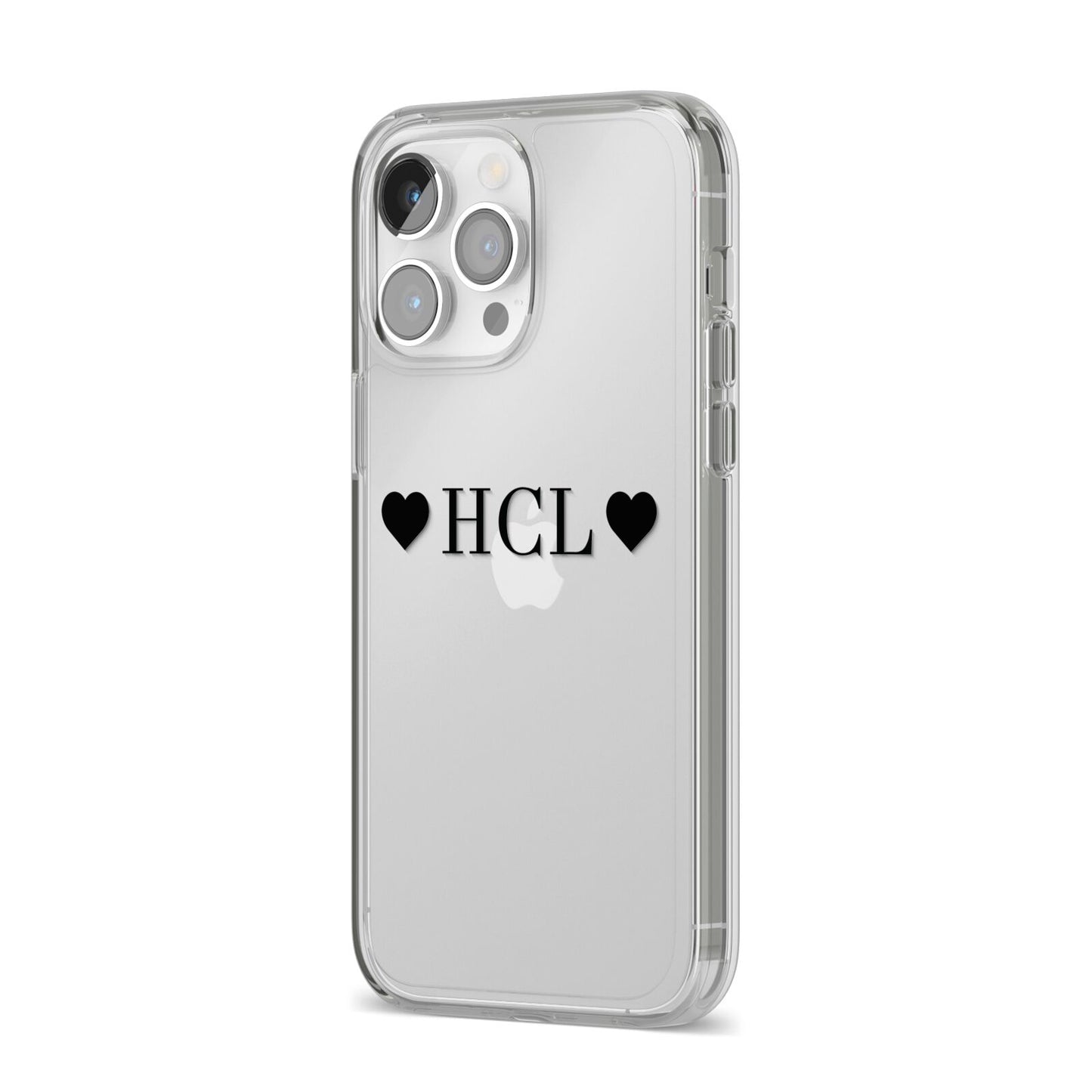 Personalised Black Initials 2 Hearts Clear iPhone 14 Pro Max Clear Tough Case Silver Angled Image