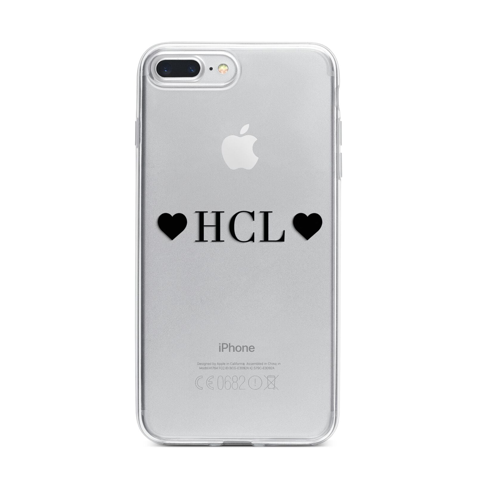 Personalised Black Initials 2 Hearts Clear iPhone 7 Plus Bumper Case on Silver iPhone