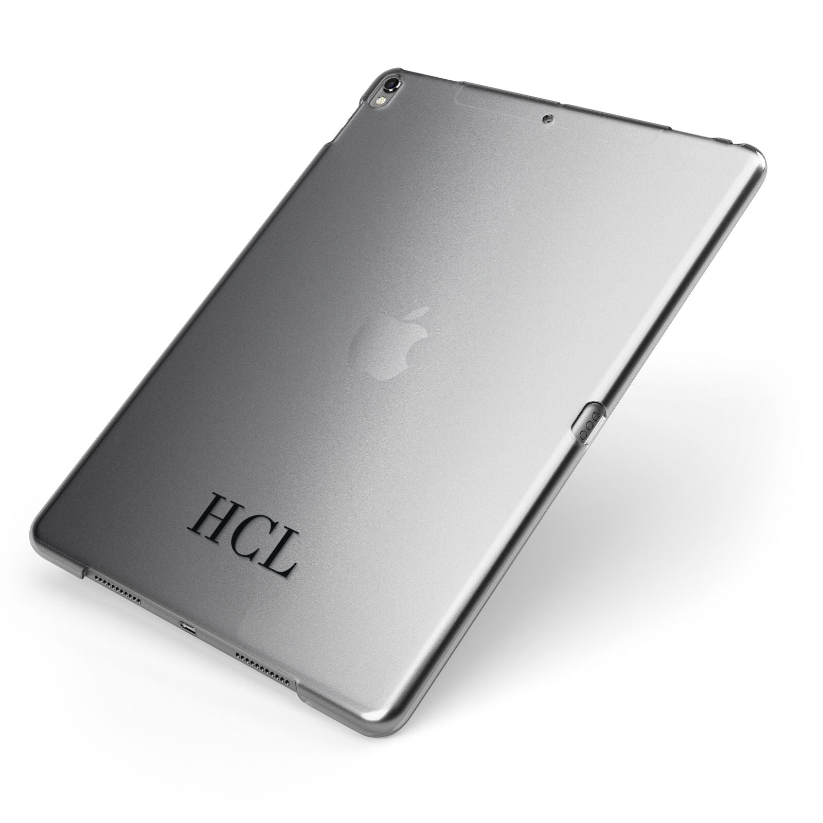 Personalised Black Initials Bottom Clear Custom Apple iPad Case on Grey iPad Side View