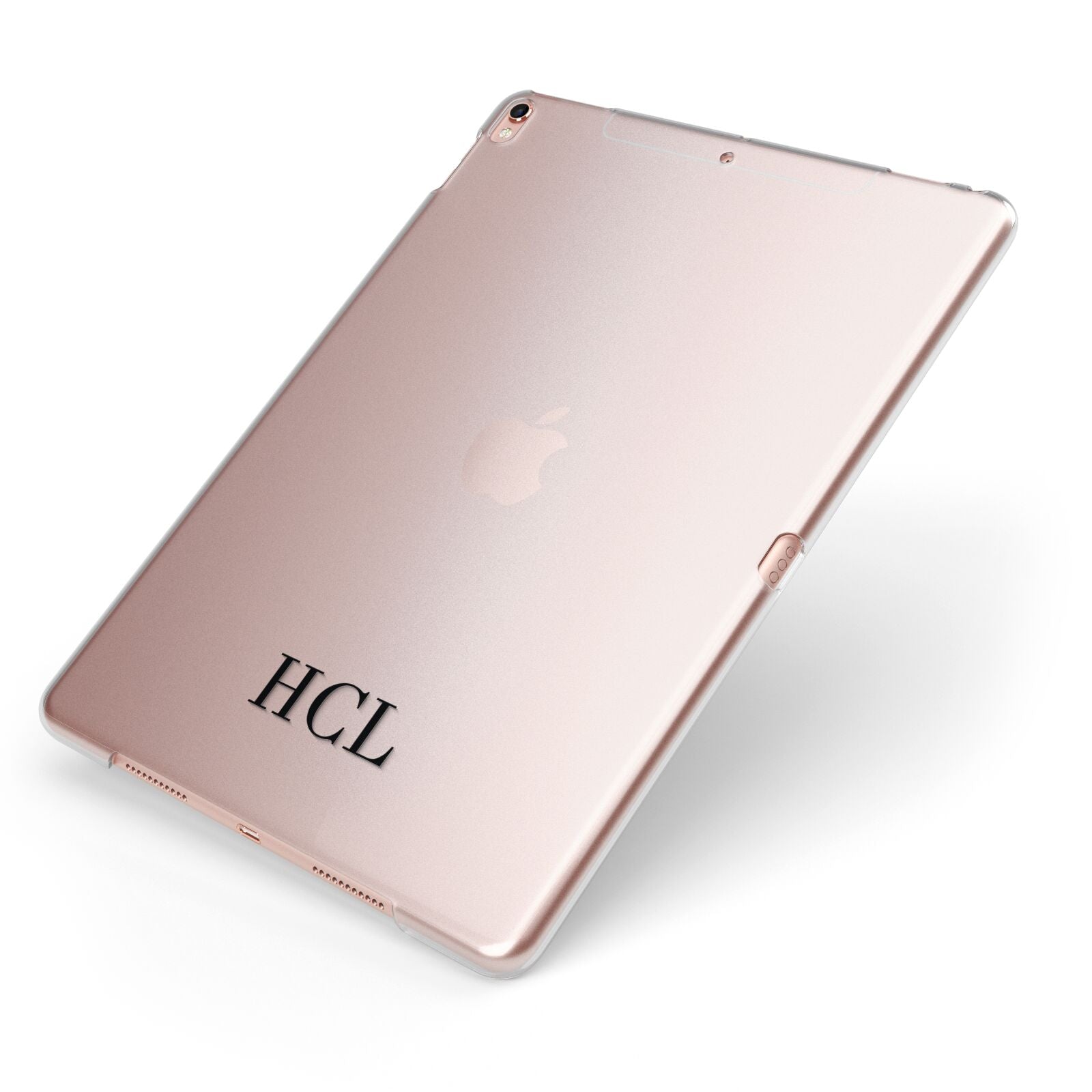 Personalised Black Initials Bottom Clear Custom Apple iPad Case on Rose Gold iPad Side View