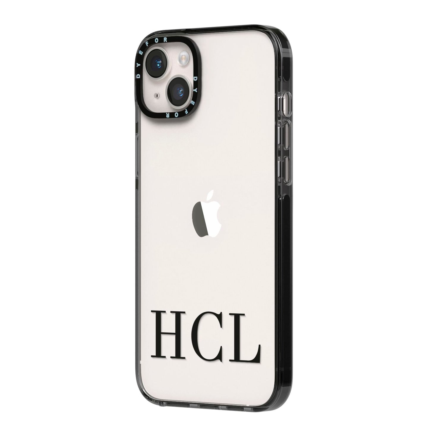 Personalised Black Initials Clear Customised iPhone 14 Plus Black Impact Case Side Angle on Silver phone