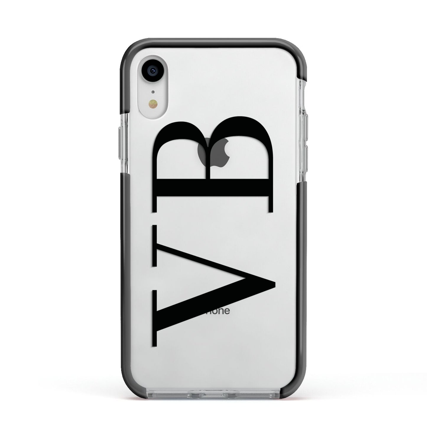 Personalised Black Initials Customised Clear Apple iPhone XR Impact Case Black Edge on Silver Phone