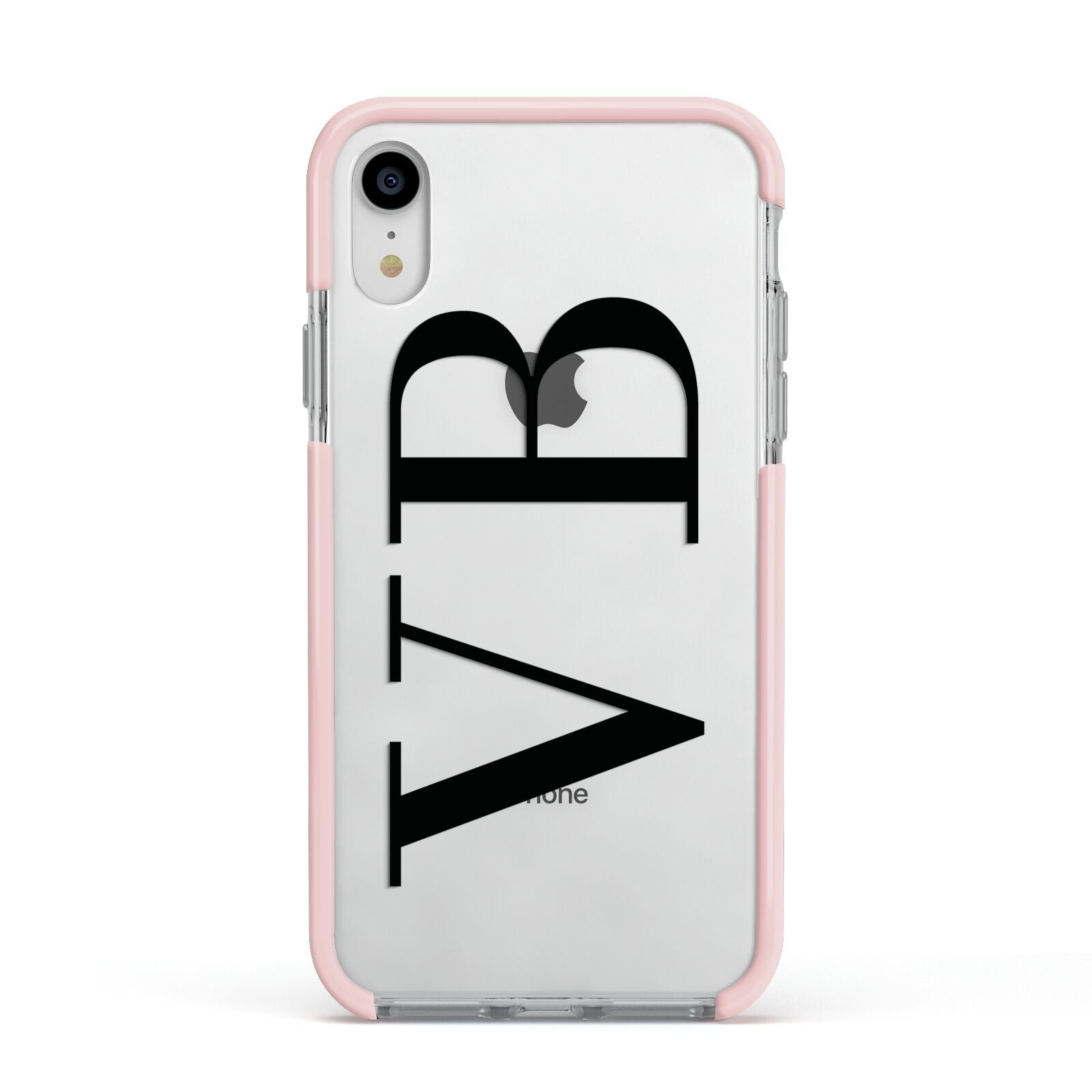 Personalised Black Initials Customised Clear Apple iPhone XR Impact Case Pink Edge on Silver Phone