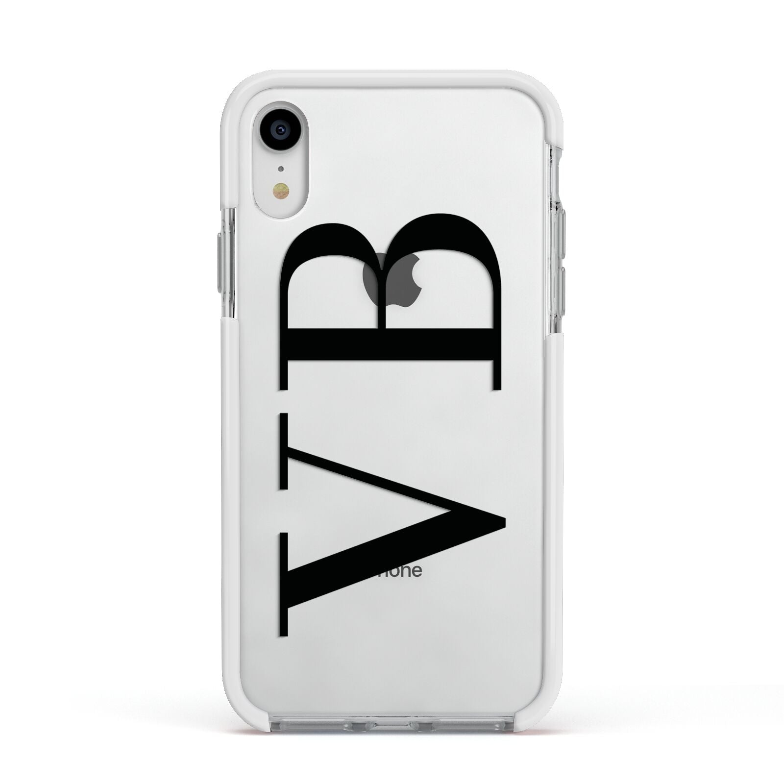 Personalised Black Initials Customised Clear Apple iPhone XR Impact Case White Edge on Silver Phone