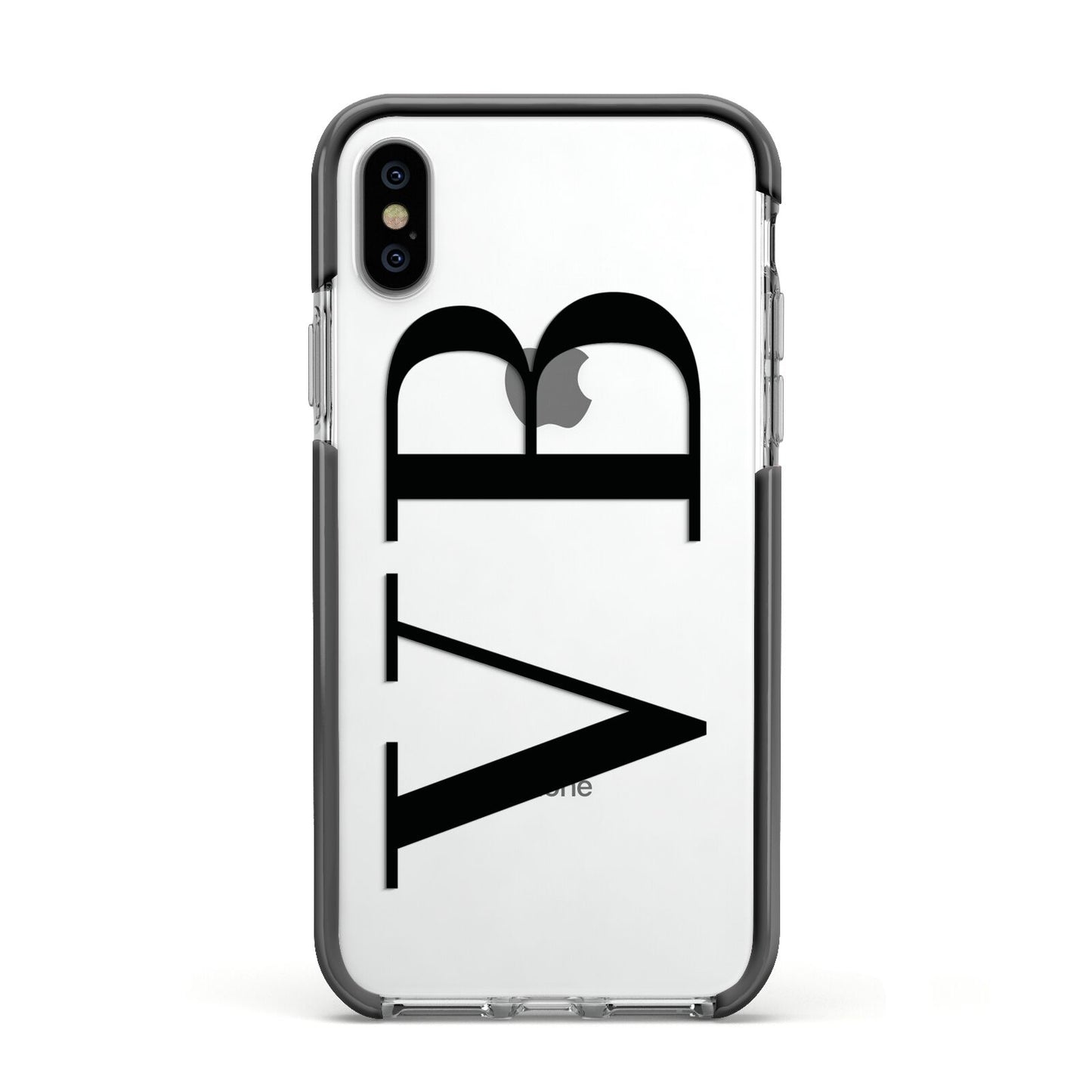 Personalised Black Initials Customised Clear Apple iPhone Xs Impact Case Black Edge on Silver Phone