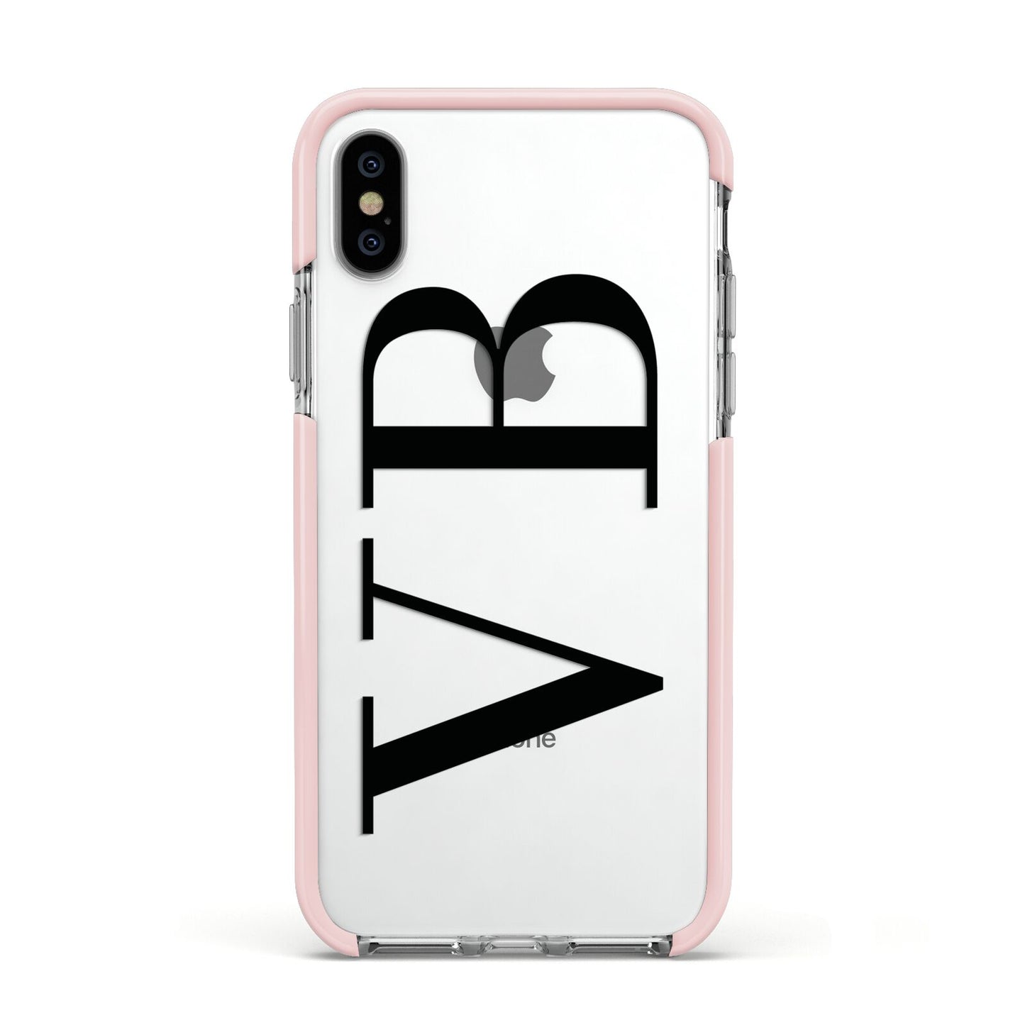 Personalised Black Initials Customised Clear Apple iPhone Xs Impact Case Pink Edge on Silver Phone