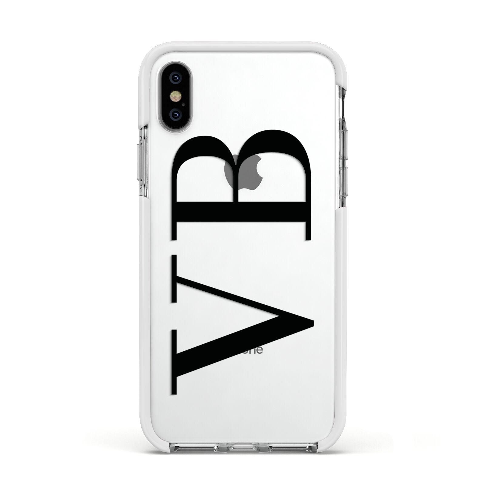 Personalised Black Initials Customised Clear Apple iPhone Xs Impact Case White Edge on Silver Phone