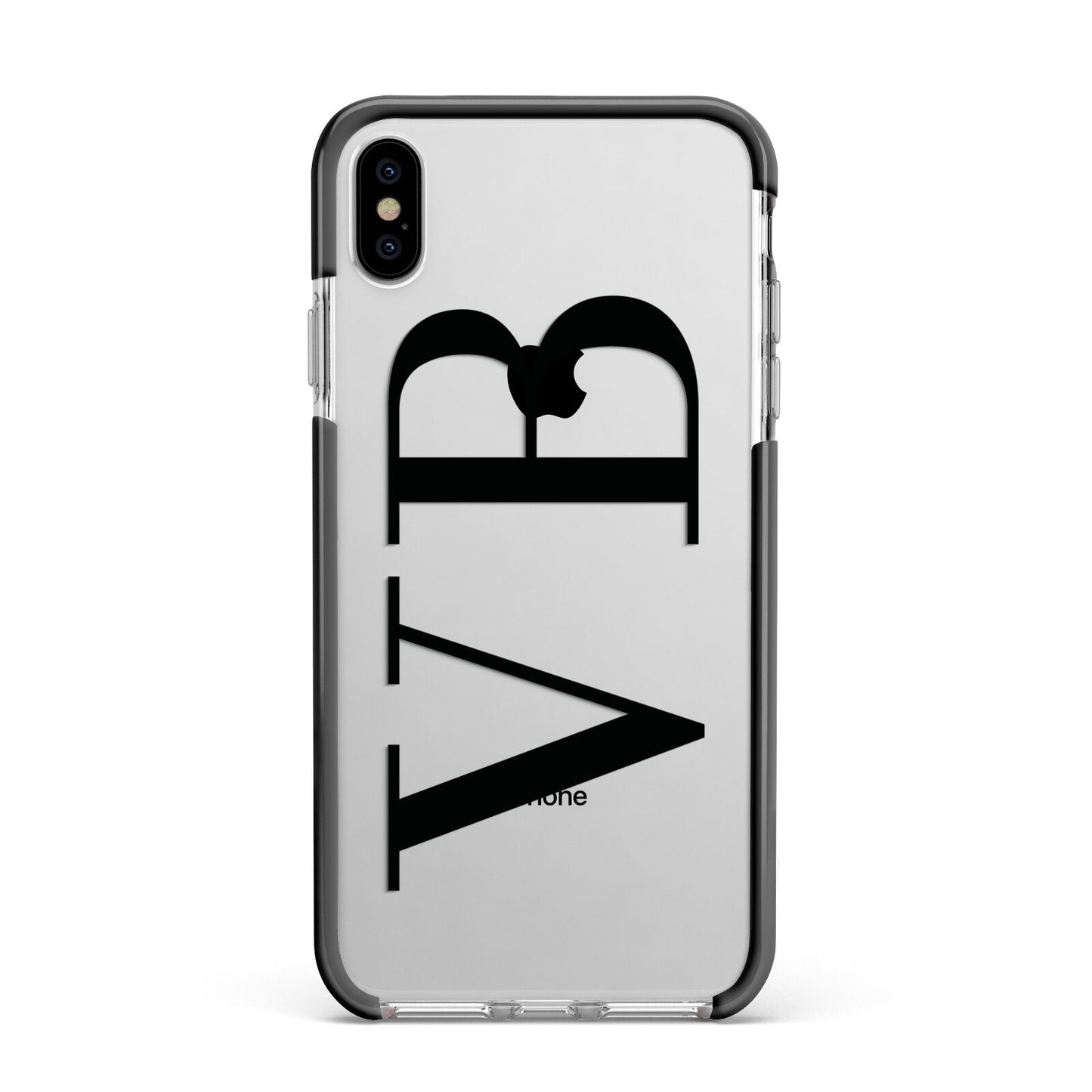 Personalised Black Initials Customised Clear Apple iPhone Xs Max Impact Case Black Edge on Silver Phone