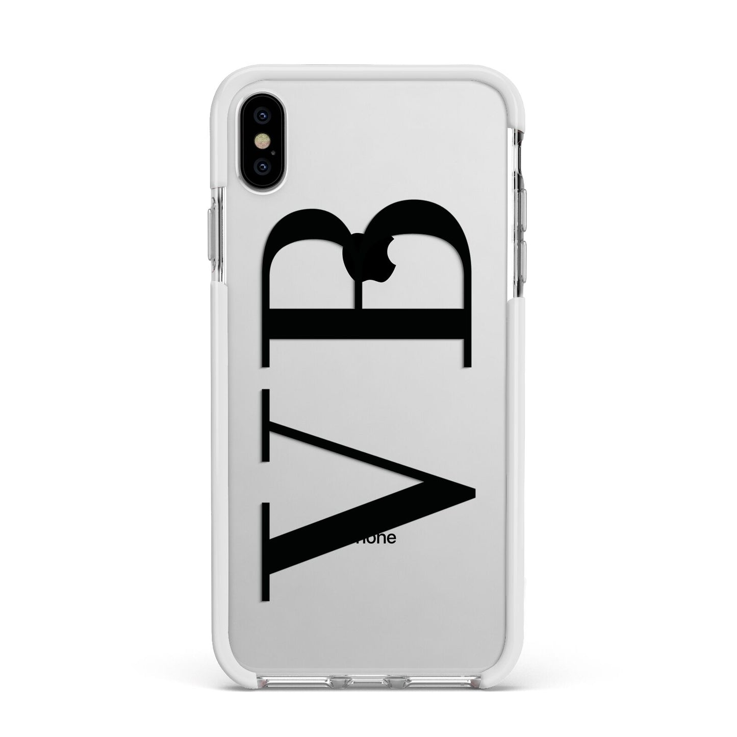 Personalised Black Initials Customised Clear Apple iPhone Xs Max Impact Case White Edge on Silver Phone