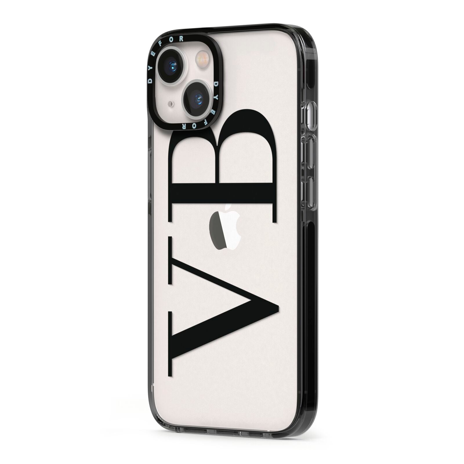 Personalised Black Initials Customised Clear iPhone 13 Black Impact Case Side Angle on Silver phone