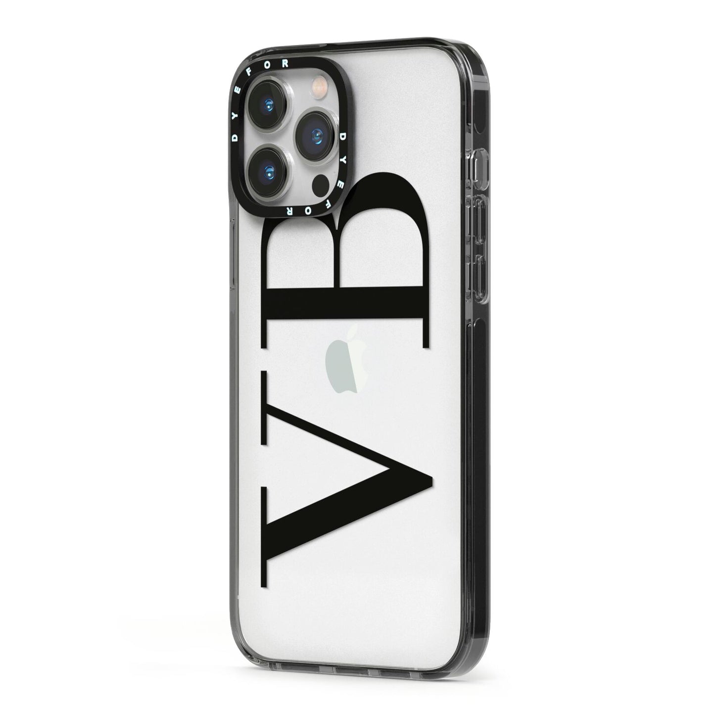 Personalised Black Initials Customised Clear iPhone 13 Pro Max Black Impact Case Side Angle on Silver phone