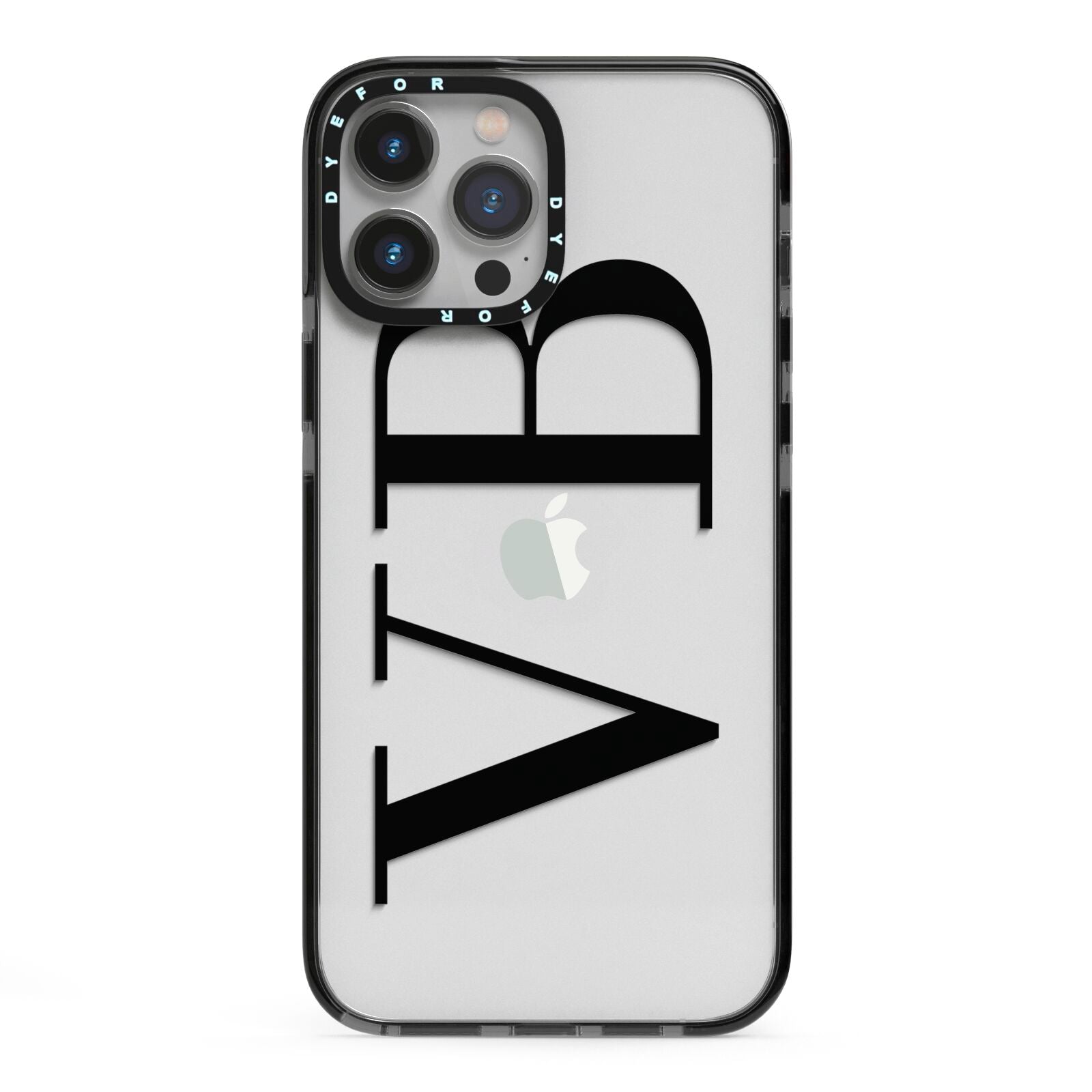 Personalised Black Initials Customised Clear iPhone 13 Pro Max Black Impact Case on Silver phone