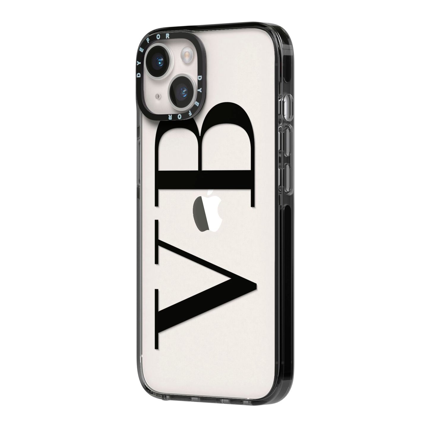 Personalised Black Initials Customised Clear iPhone 14 Black Impact Case Side Angle on Silver phone