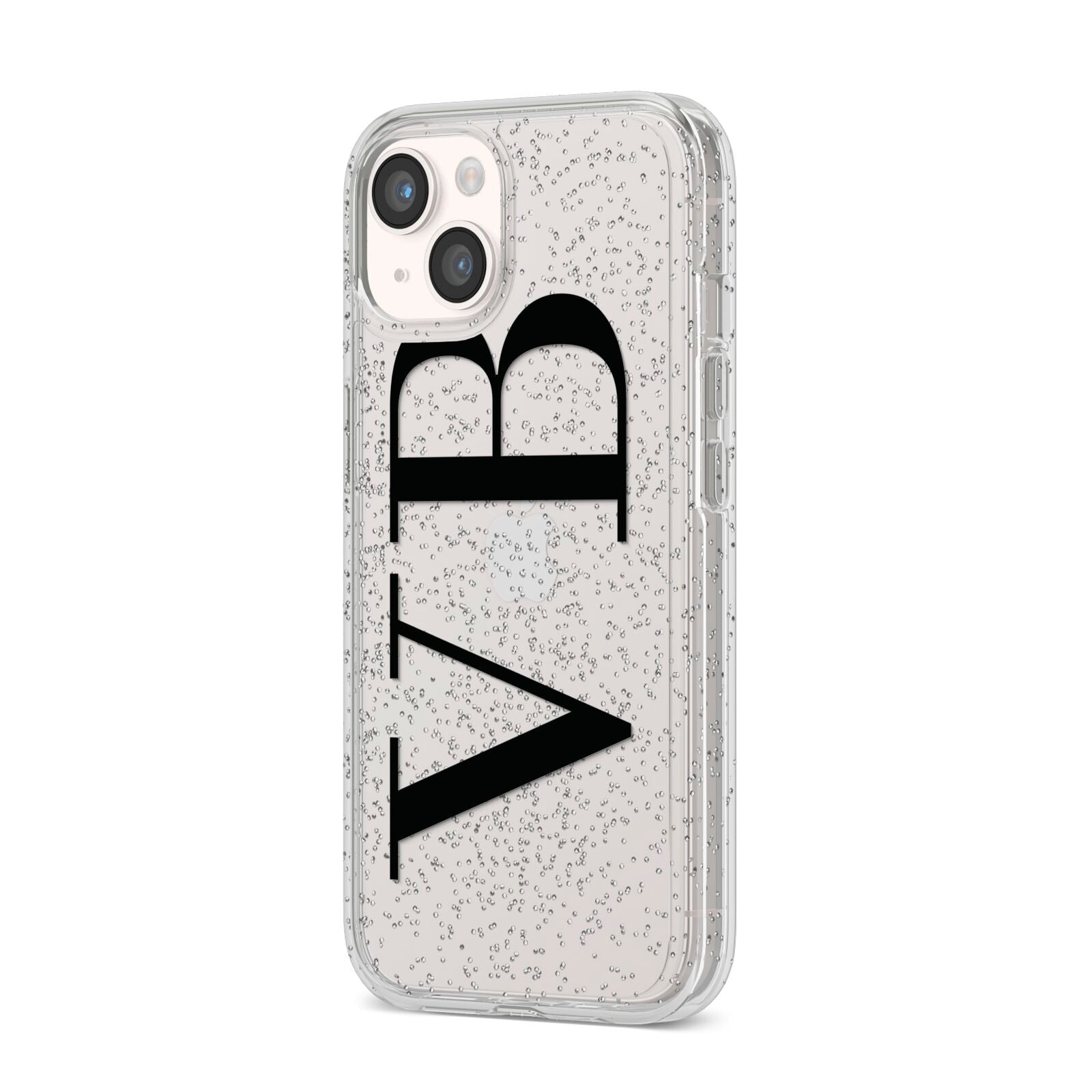 Personalised Black Initials Customised Clear iPhone 14 Glitter Tough Case Starlight Angled Image