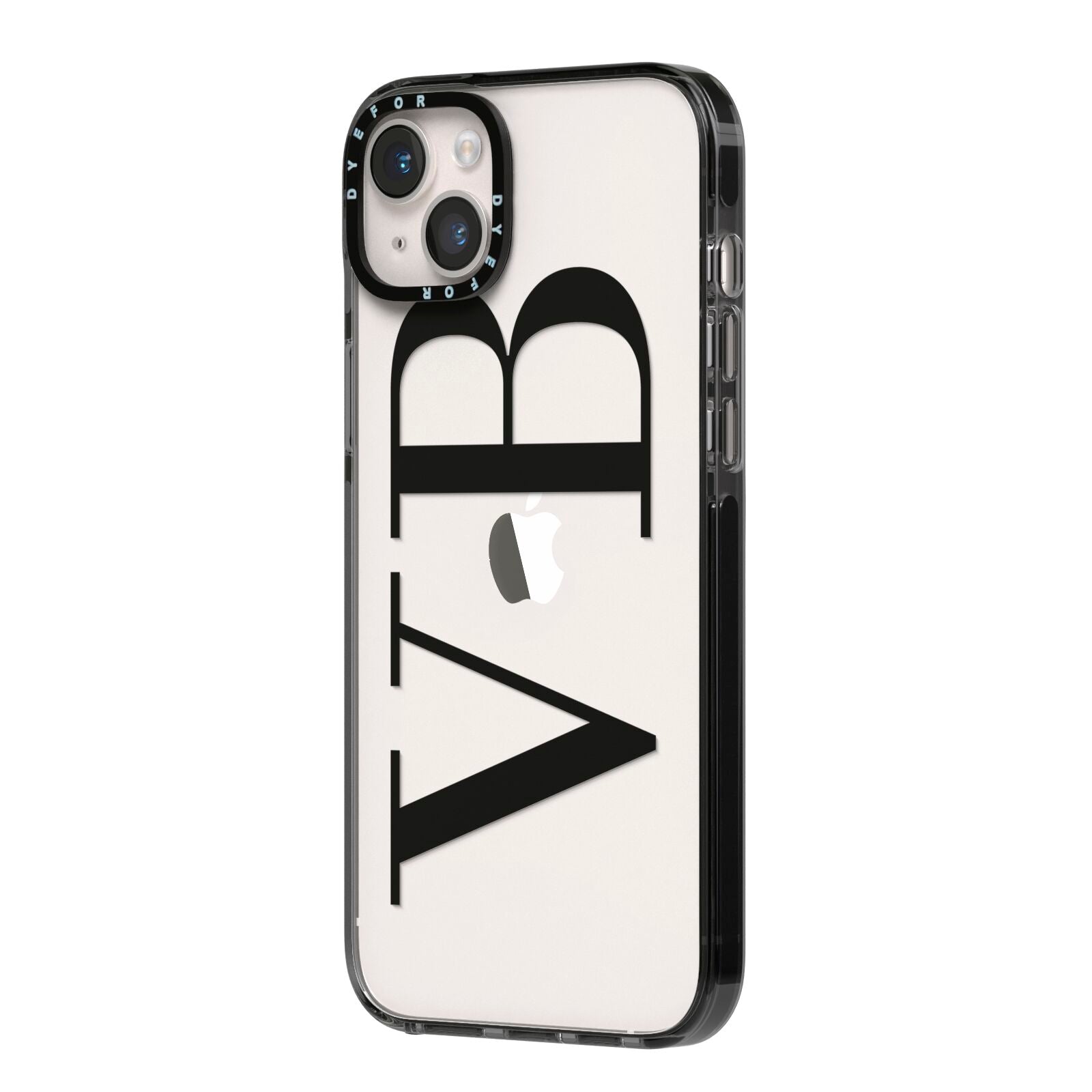 Personalised Black Initials Customised Clear iPhone 14 Plus Black Impact Case Side Angle on Silver phone