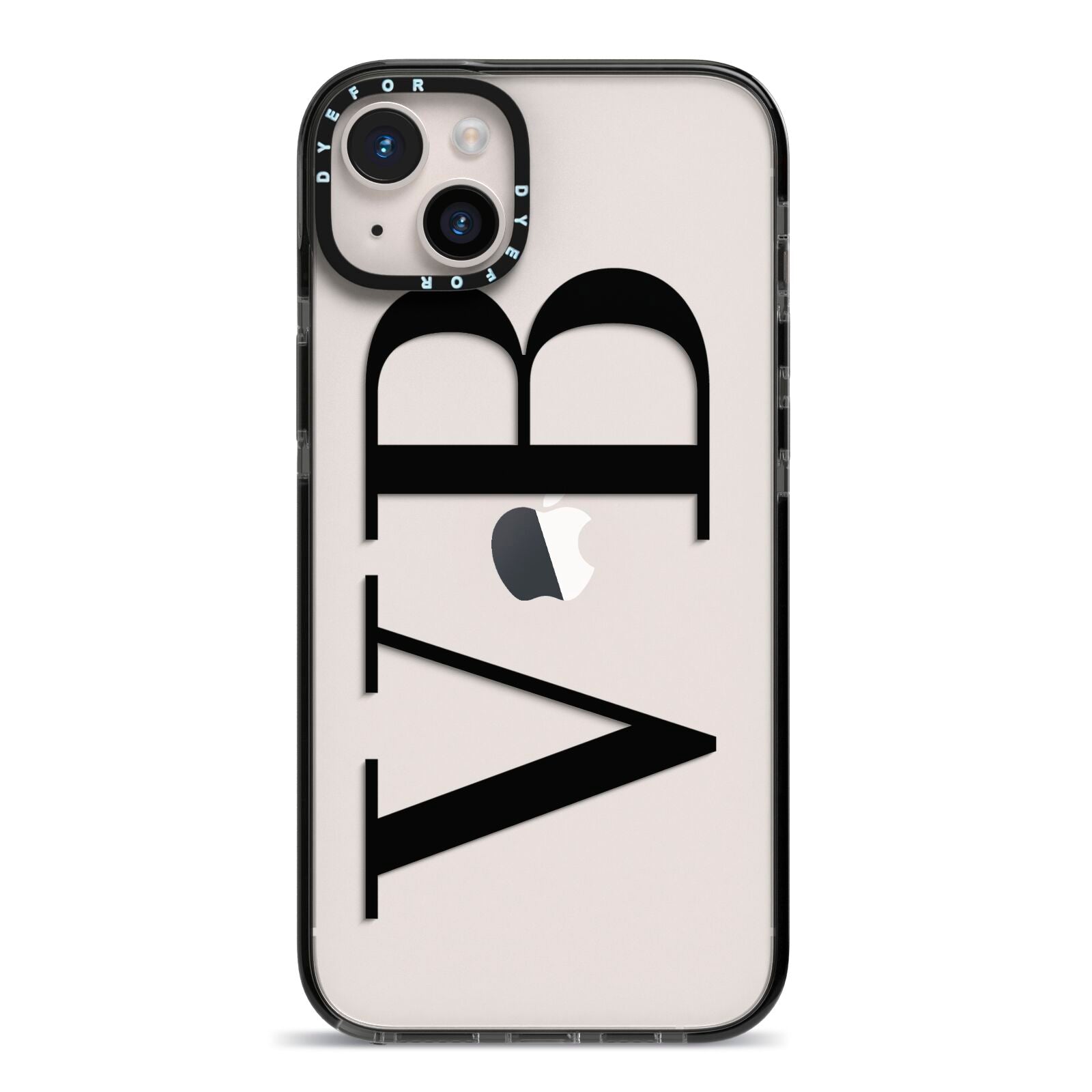 Personalised Black Initials Customised Clear iPhone 14 Plus Black Impact Case on Silver phone