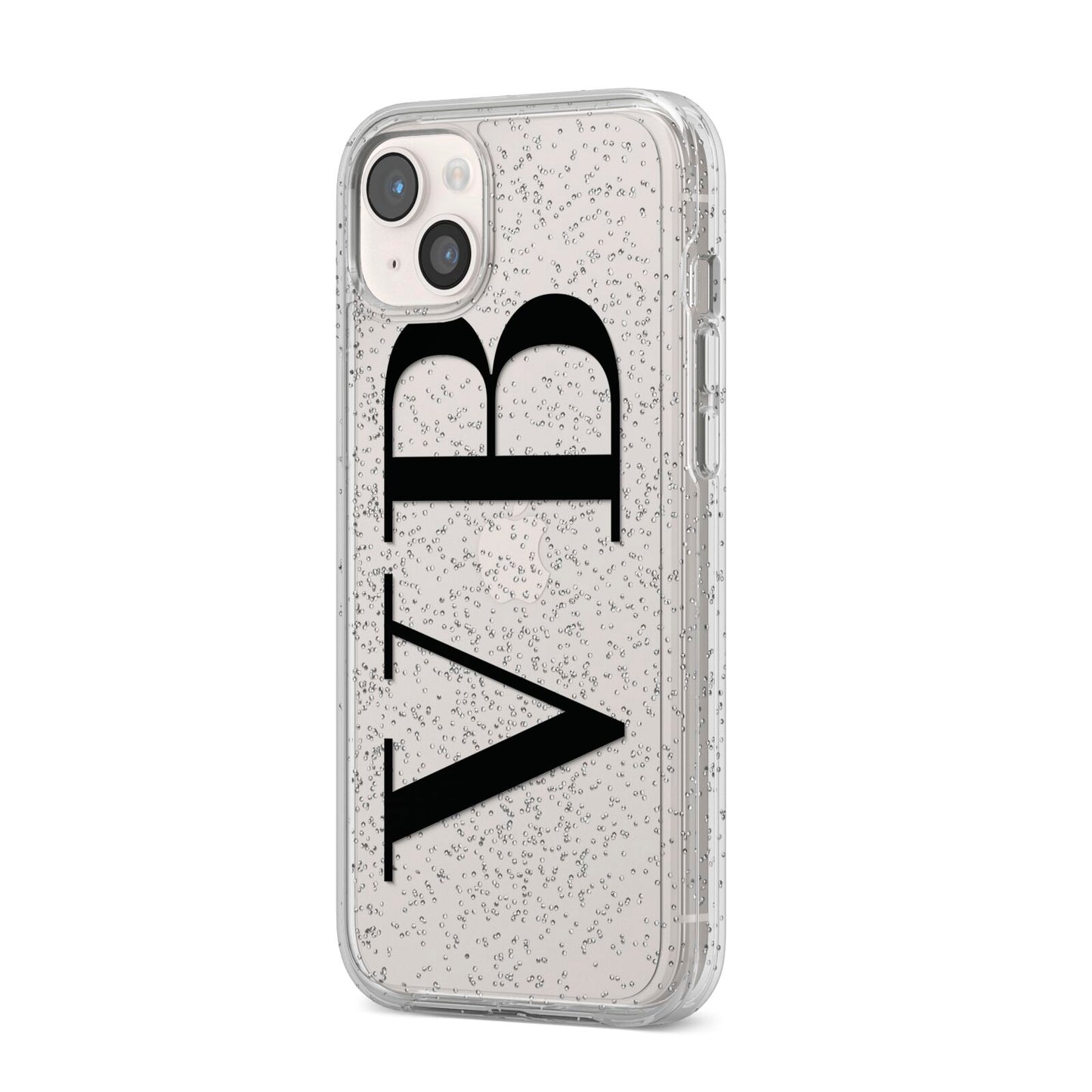 Personalised Black Initials Customised Clear iPhone 14 Plus Glitter Tough Case Starlight Angled Image