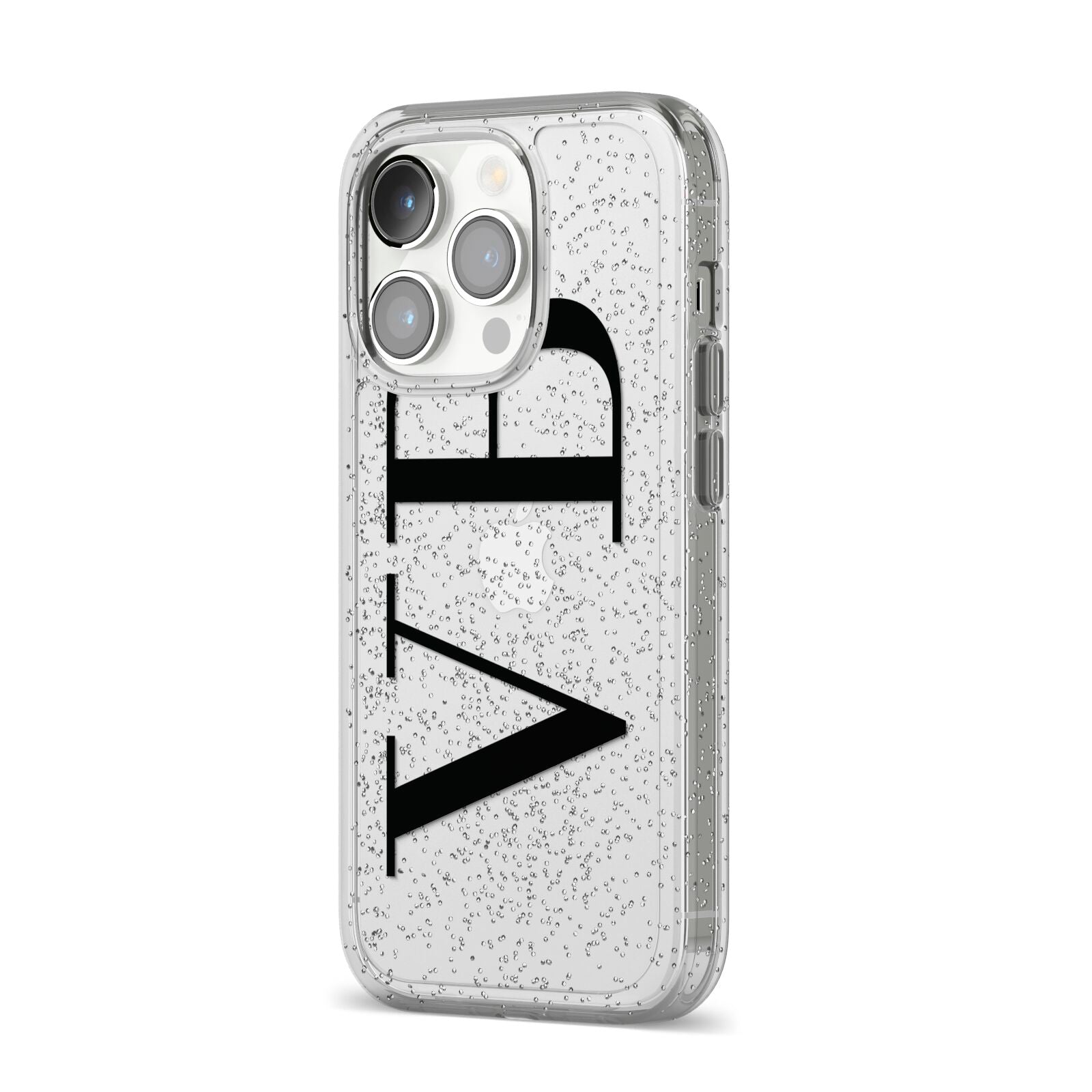 Personalised Black Initials Customised Clear iPhone 14 Pro Glitter Tough Case Silver Angled Image